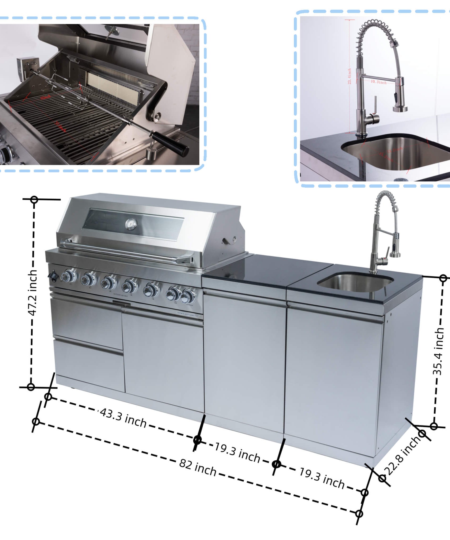 Castelle Flame Valmont 43-Inch 6-Burner 85K BTU Outdoor BBQ Kitchen Grill Island With Granite Countertops, Rotisserie Kit, Cabinets, And Sink (SAK73518)