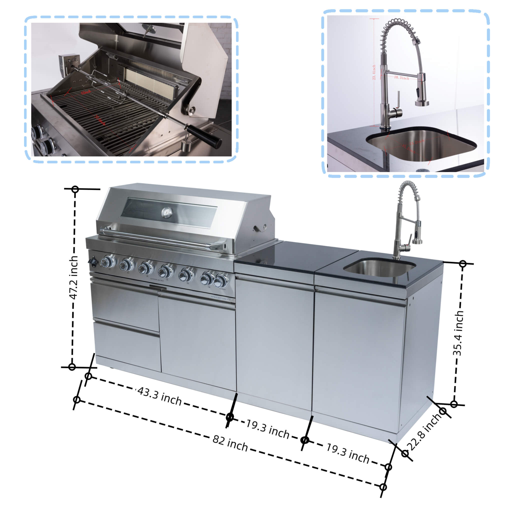 Castelle Flame Valmont 43-Inch 6-Burner 85K BTU Outdoor BBQ Kitchen Grill Island With Granite Countertops, Rotisserie Kit, Cabinets, And Sink (SAK73518)