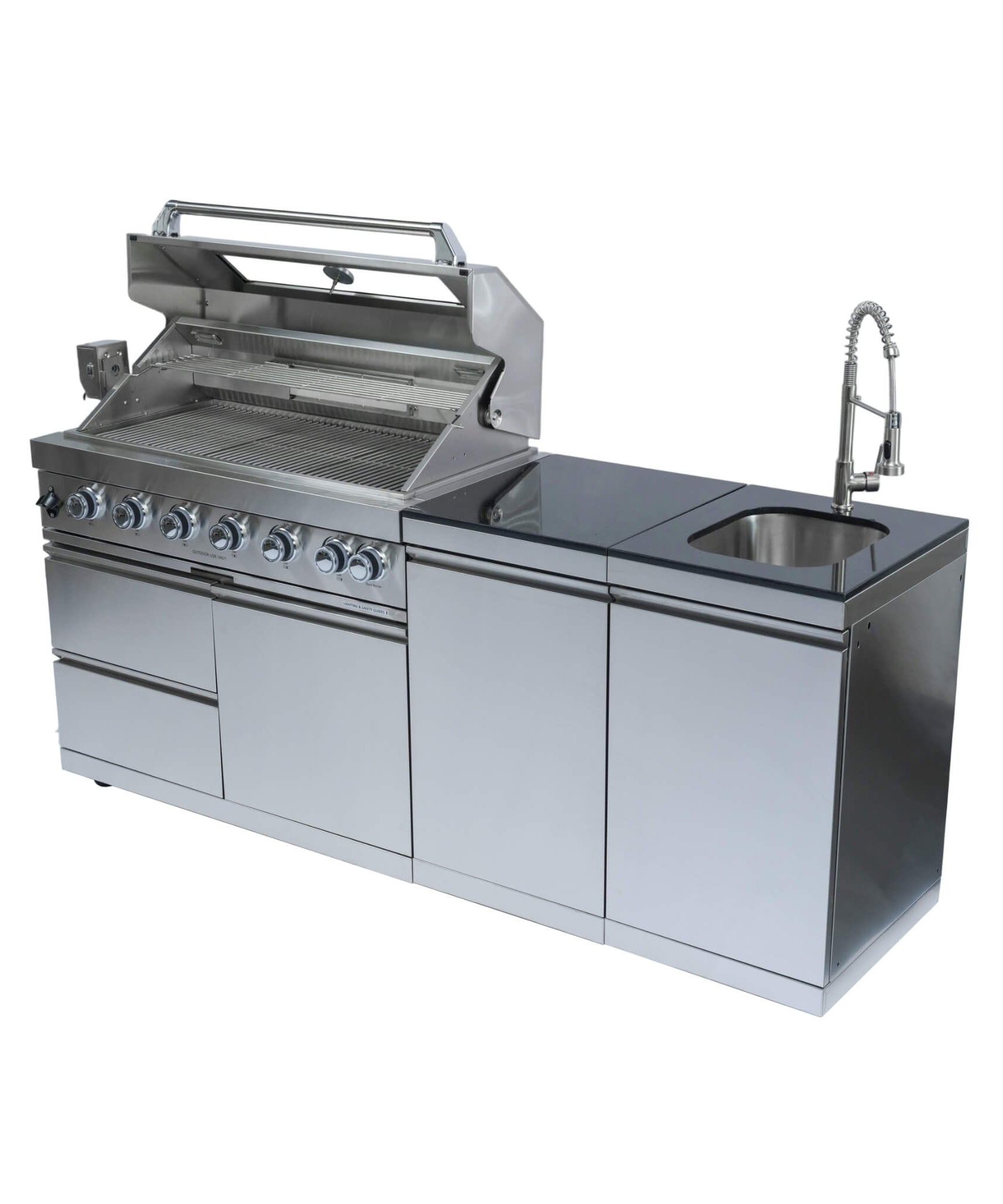 Castelle Flame Valmont 43-Inch 6-Burner 85K BTU Outdoor BBQ Kitchen Grill Island With Granite Countertops, Rotisserie Kit, Cabinets, And Sink (SAK73518)