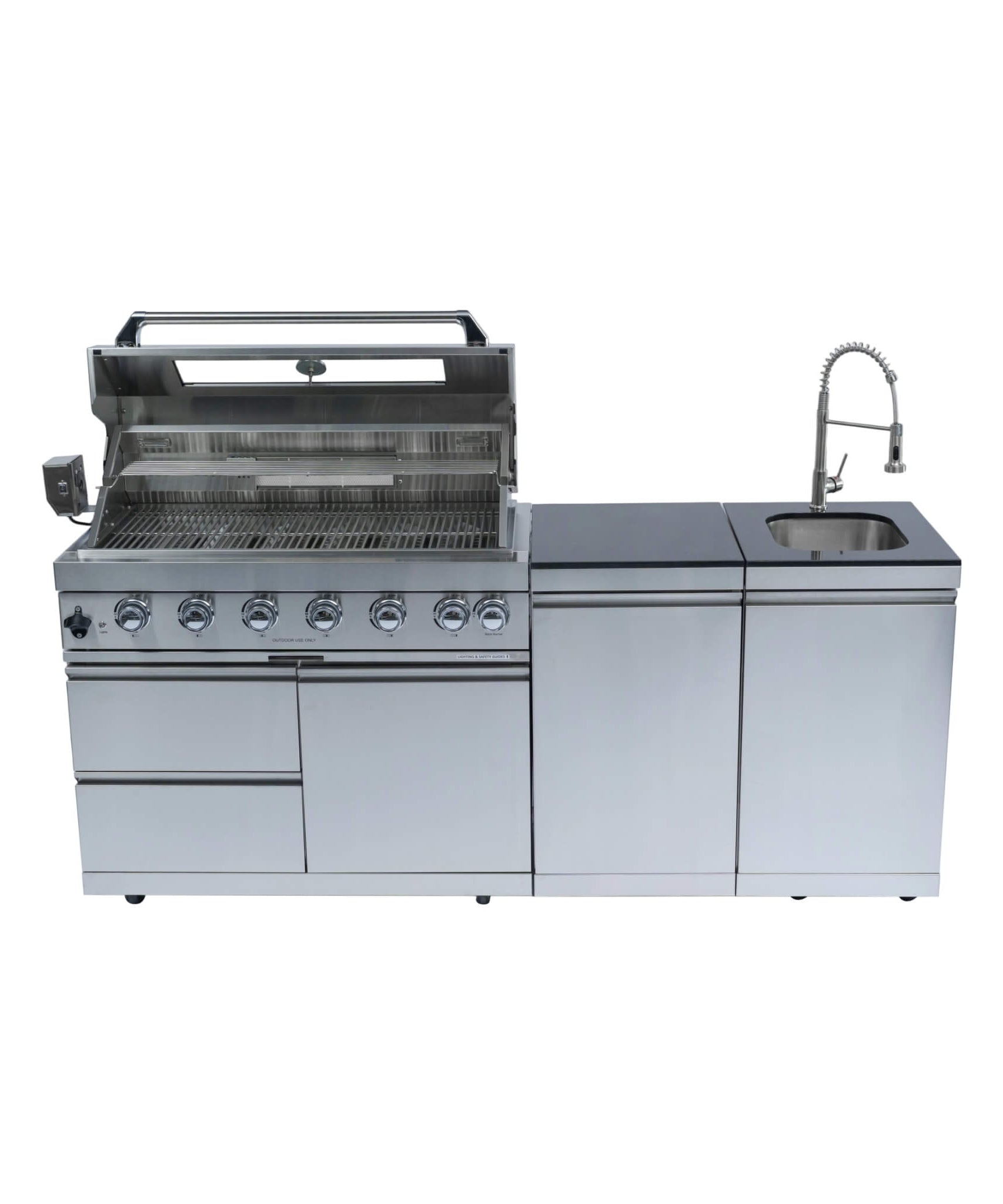 Castelle Flame Valmont 43-Inch 6-Burner 85K BTU Outdoor BBQ Kitchen Grill Island With Granite Countertops, Rotisserie Kit, Cabinets, And Sink (SAK73518)