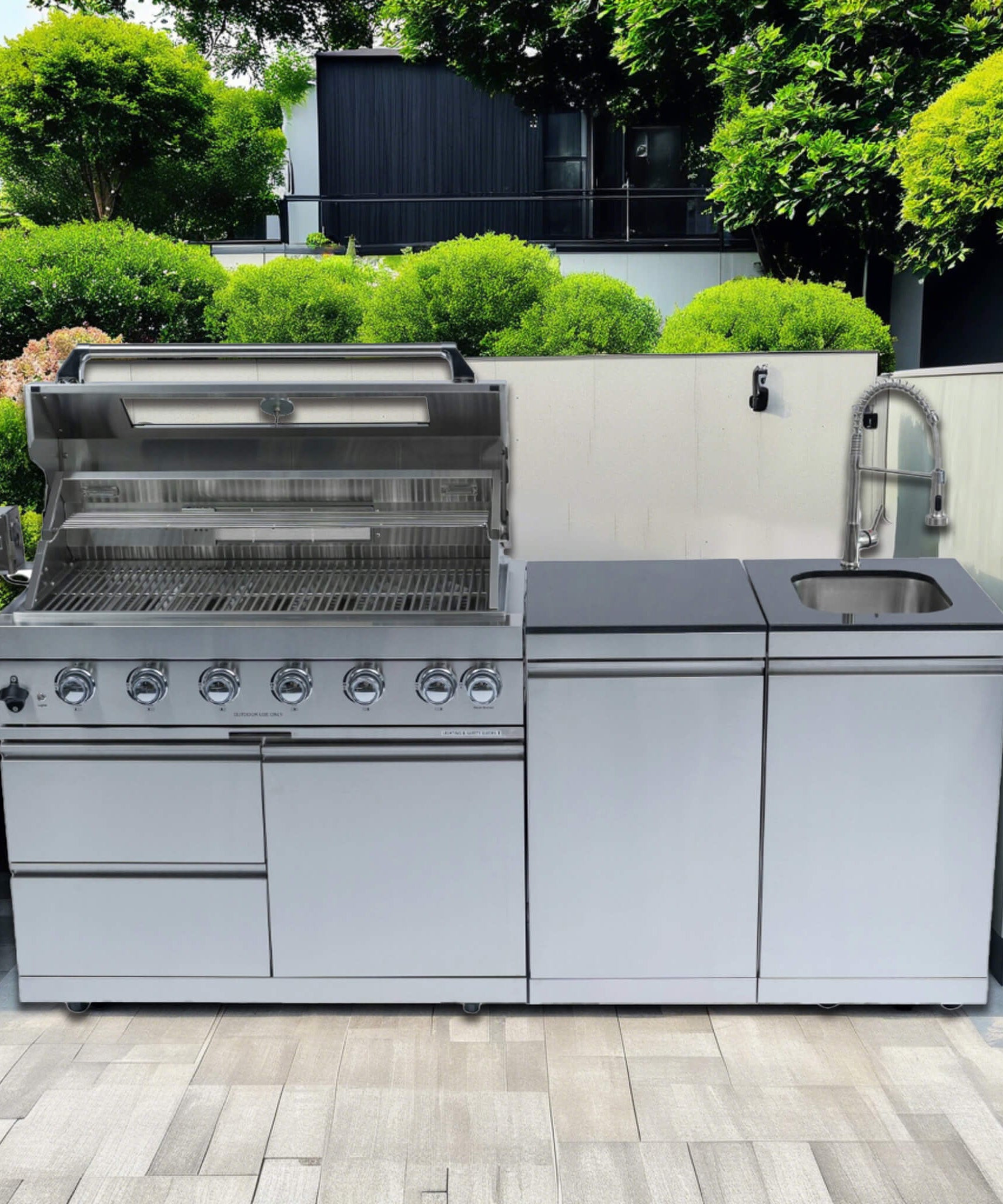 Castelle Flame Valmont 43-Inch 6-Burner 85K BTU Outdoor BBQ Kitchen Grill Island With Granite Countertops, Rotisserie Kit, Cabinets, And Sink (SAK73518)