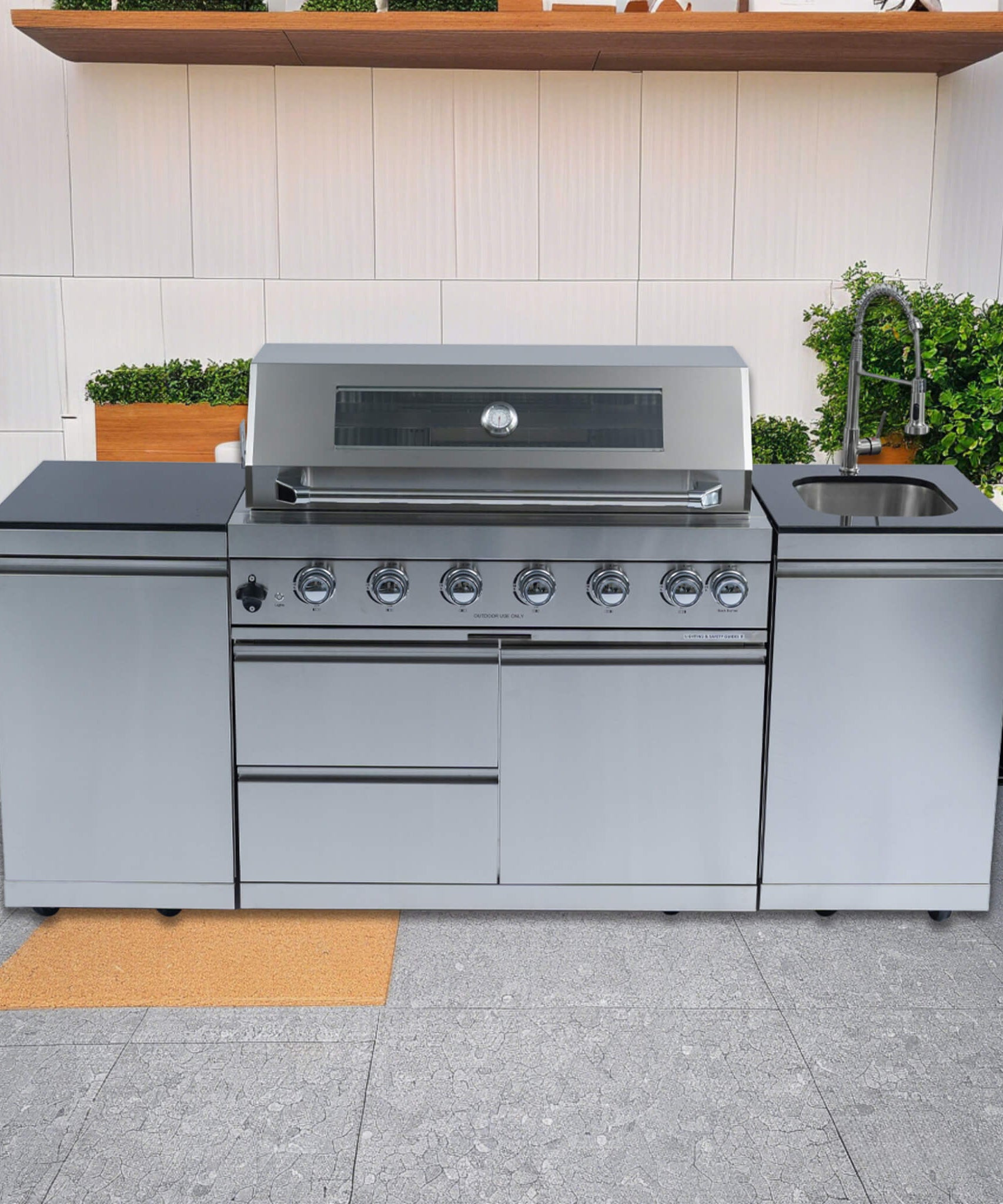 Castelle Flame Valmont 43-Inch 6-Burner 85K BTU Outdoor BBQ Kitchen Grill Island With Granite Countertops, Rotisserie Kit, Cabinets, And Sink (SAK73518)