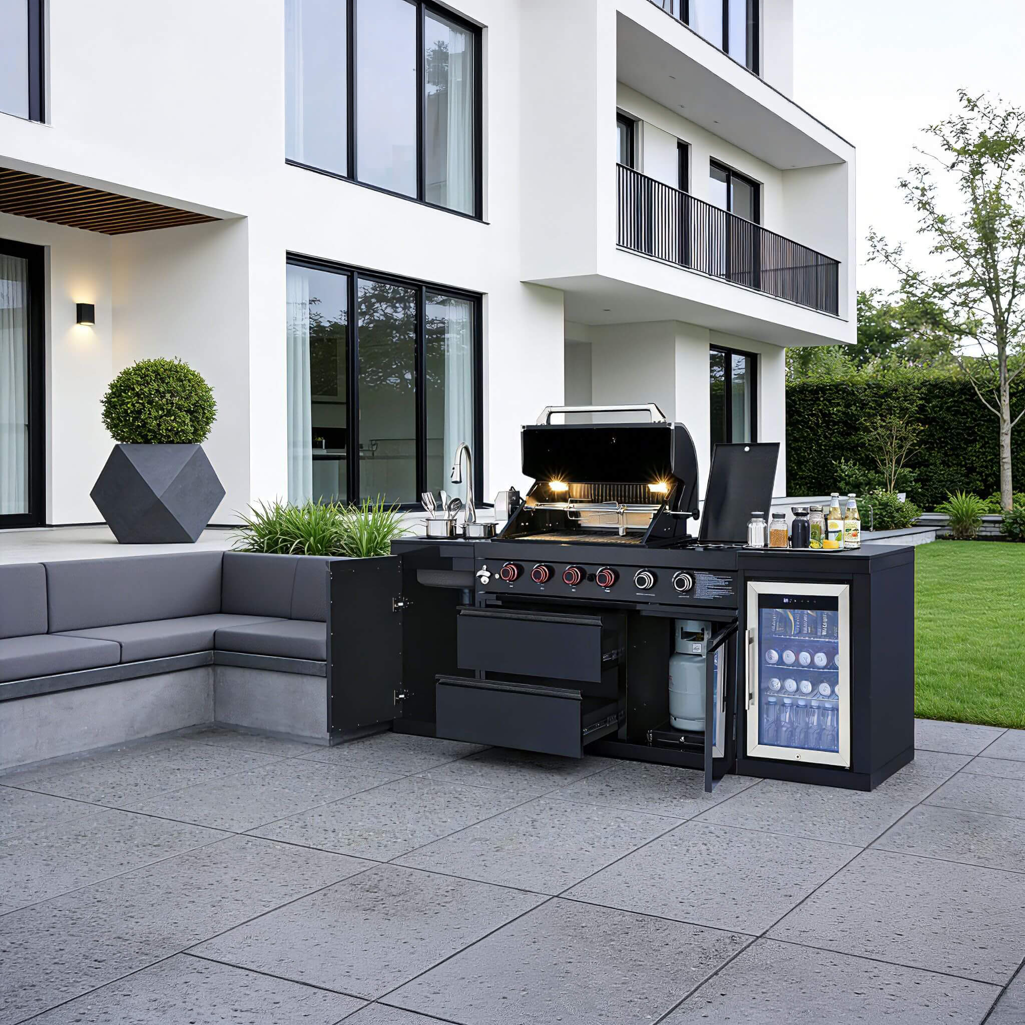 Castelle Flame Monarch 4-Burner 72000 BTU Liquid Propane Grill Island With Fridge And Sink (SAK68127)