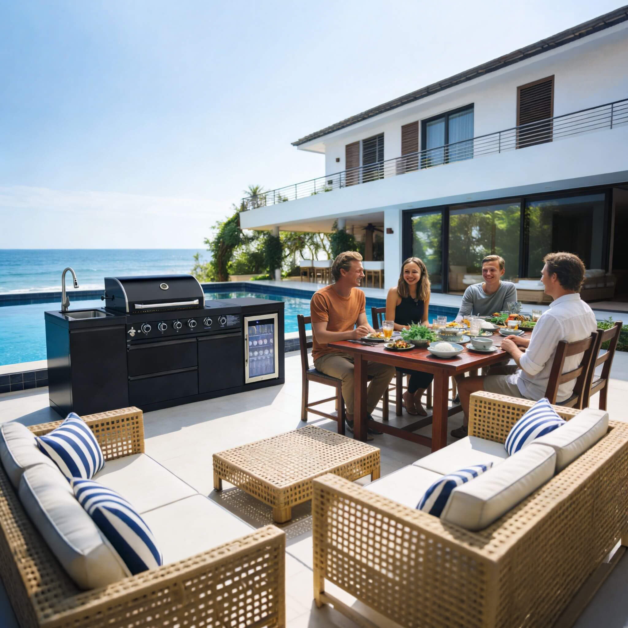 Castelle Flame Monarch 4-Burner 72000 BTU Liquid Propane Grill Island With Fridge And Sink (SAK68127)