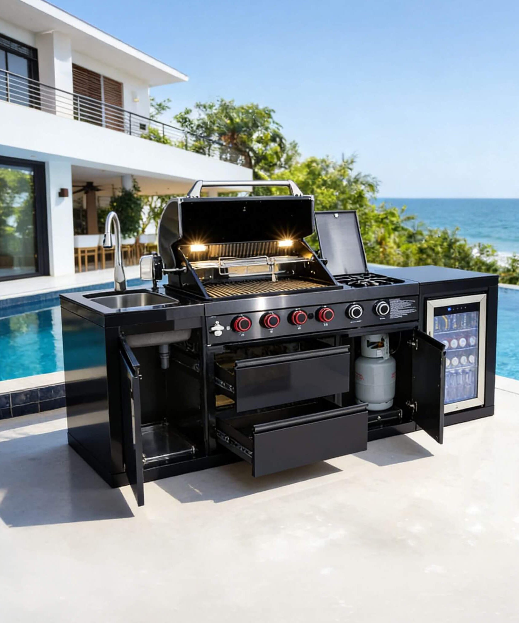 Castelle Flame Monarch 4-Burner 72000 BTU Liquid Propane Grill Island With Fridge And Sink (SAK68127)