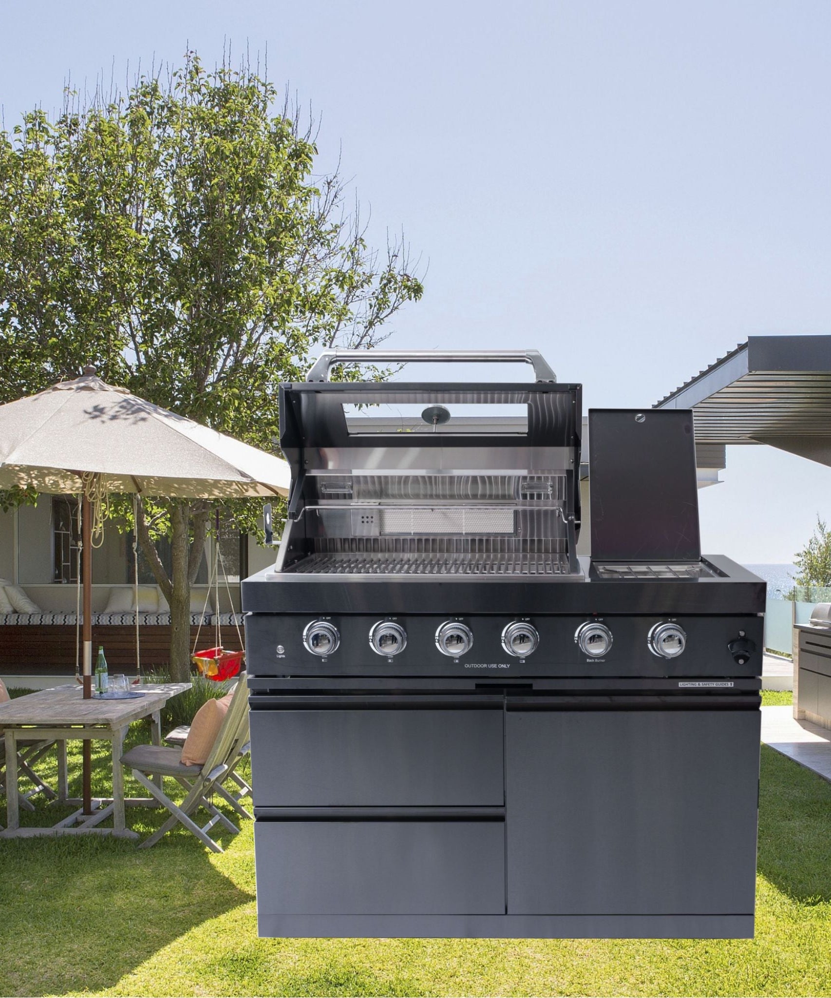 Castelle Flame Ember Premium Black Stainless Steel 4-Burner Liquid Propane Kitchen Grill Island With Rotisserie Kit (SAK48157)