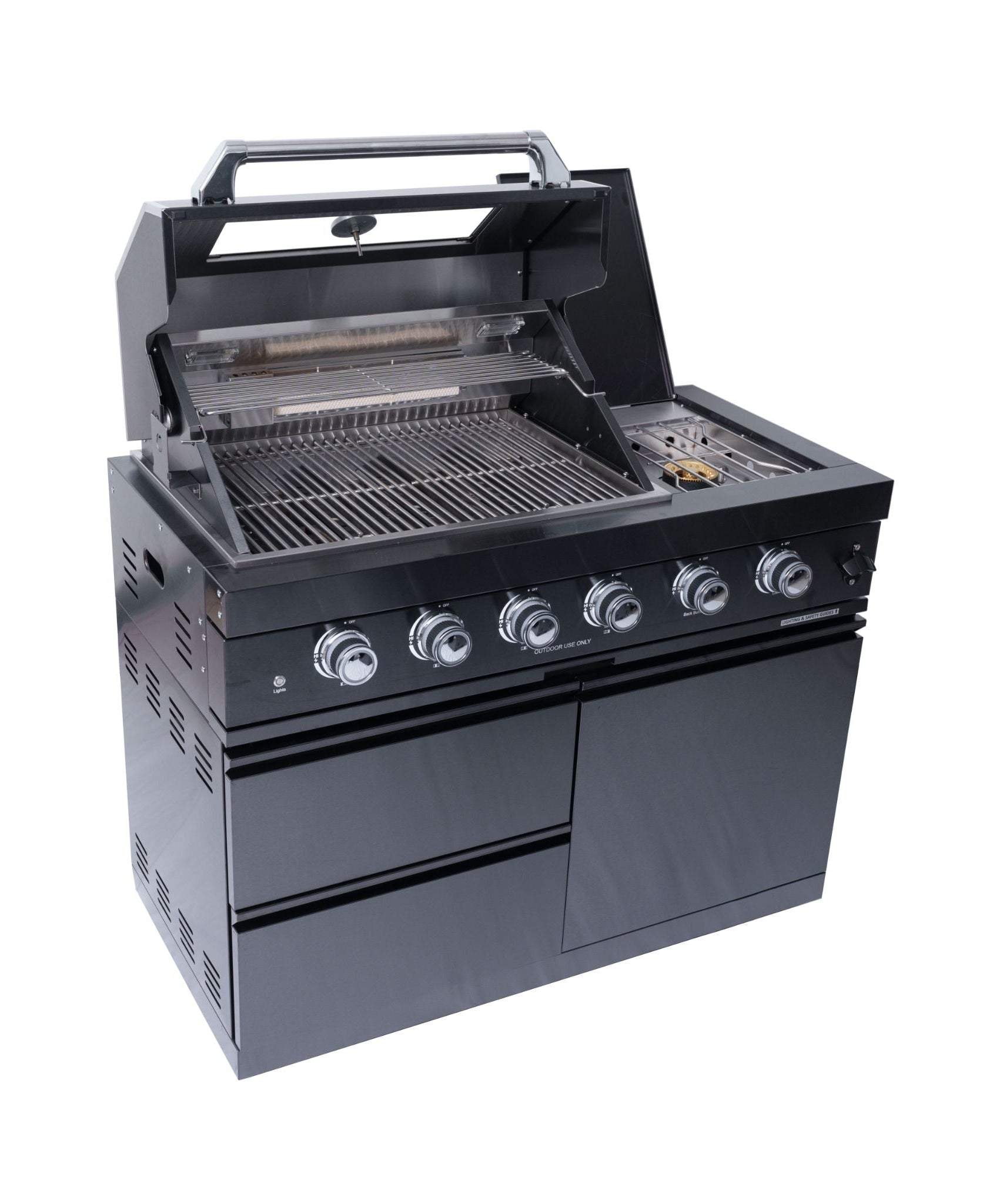 Castelle Flame Ember Premium Black Stainless Steel 4-Burner Liquid Propane Kitchen Grill Island With Rotisserie Kit (SAK48157)