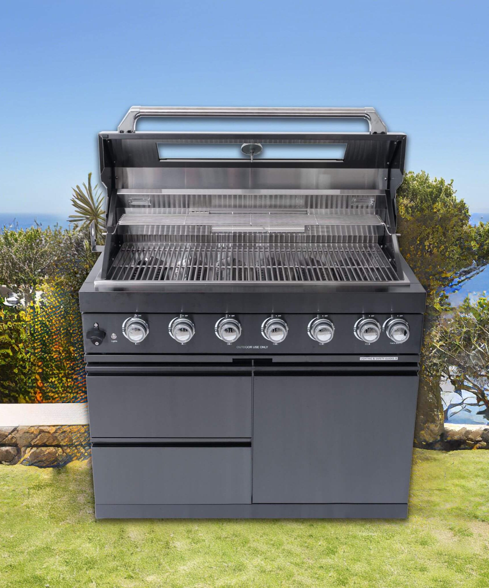 Castelle Flame Inferno Premium Black Stainless Steel 6-Burner Liquid Propane Kitchen Grill Island With Rotisserie Kit (SAK82641)