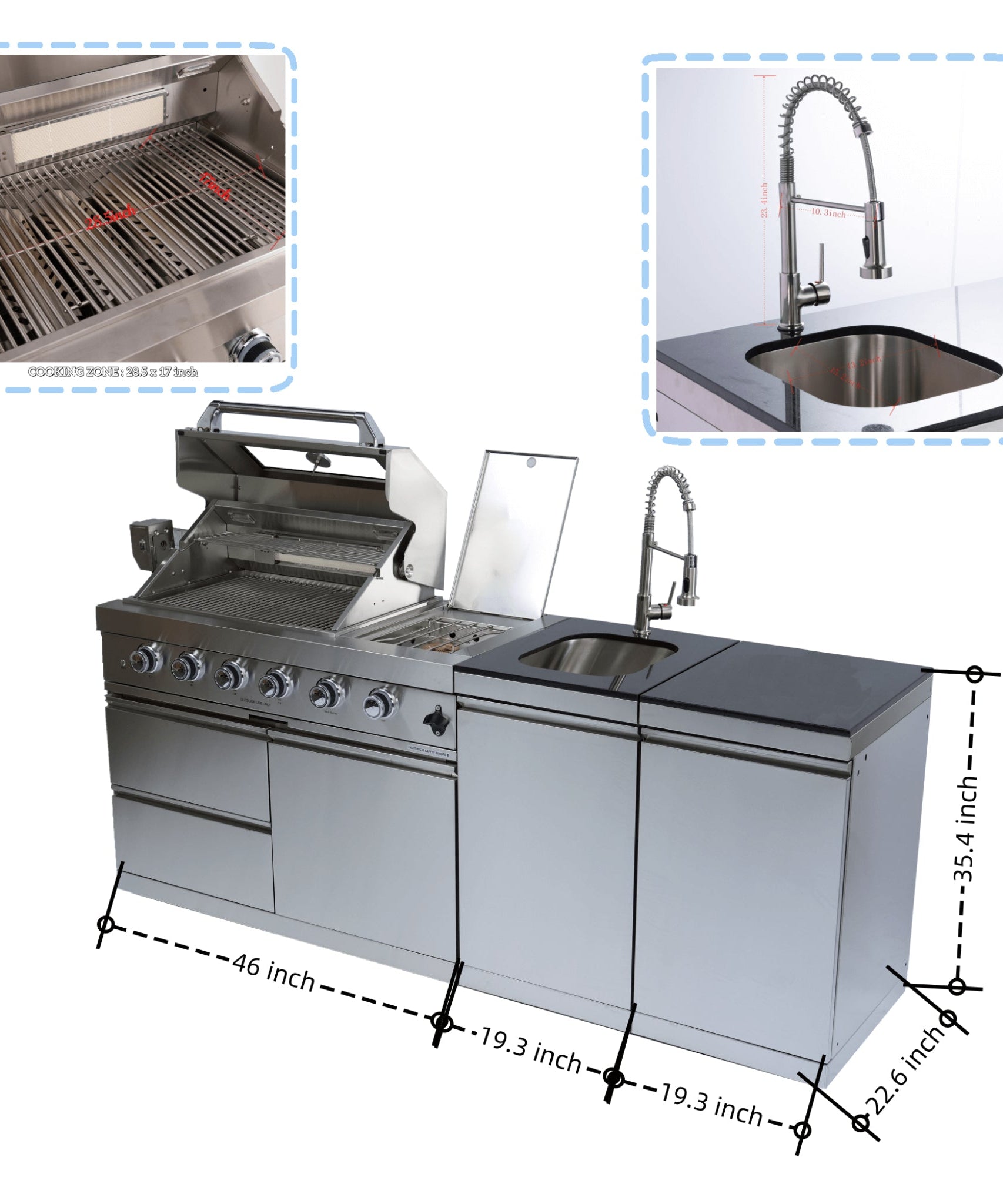 Castelle Flame Aurelia 46-Inch 4-Burner 72K BTU Stainless Steel Outdoor BBQ Kitchen Grill Island With 46-Inch 4-Burner 85K BTU Grill, Rotisserie Kit, And Cabinets (SAK93192)