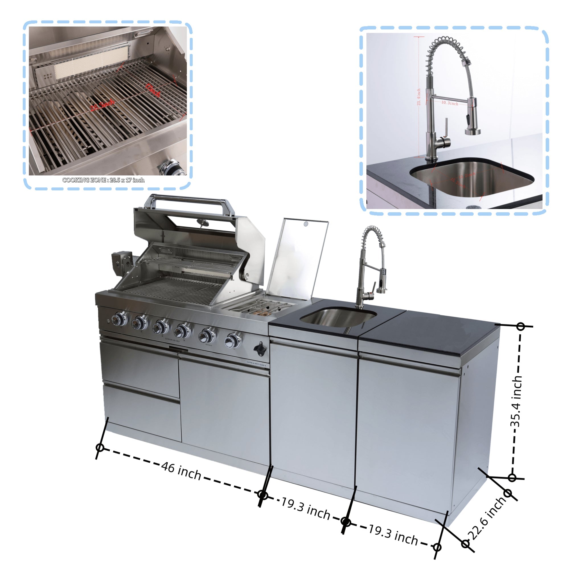 Castelle Flame Aurelia 46-Inch 4-Burner 72K BTU Stainless Steel Outdoor BBQ Kitchen Grill Island With 46-Inch 4-Burner 85K BTU Grill, Rotisserie Kit, And Cabinets (SAK93192)