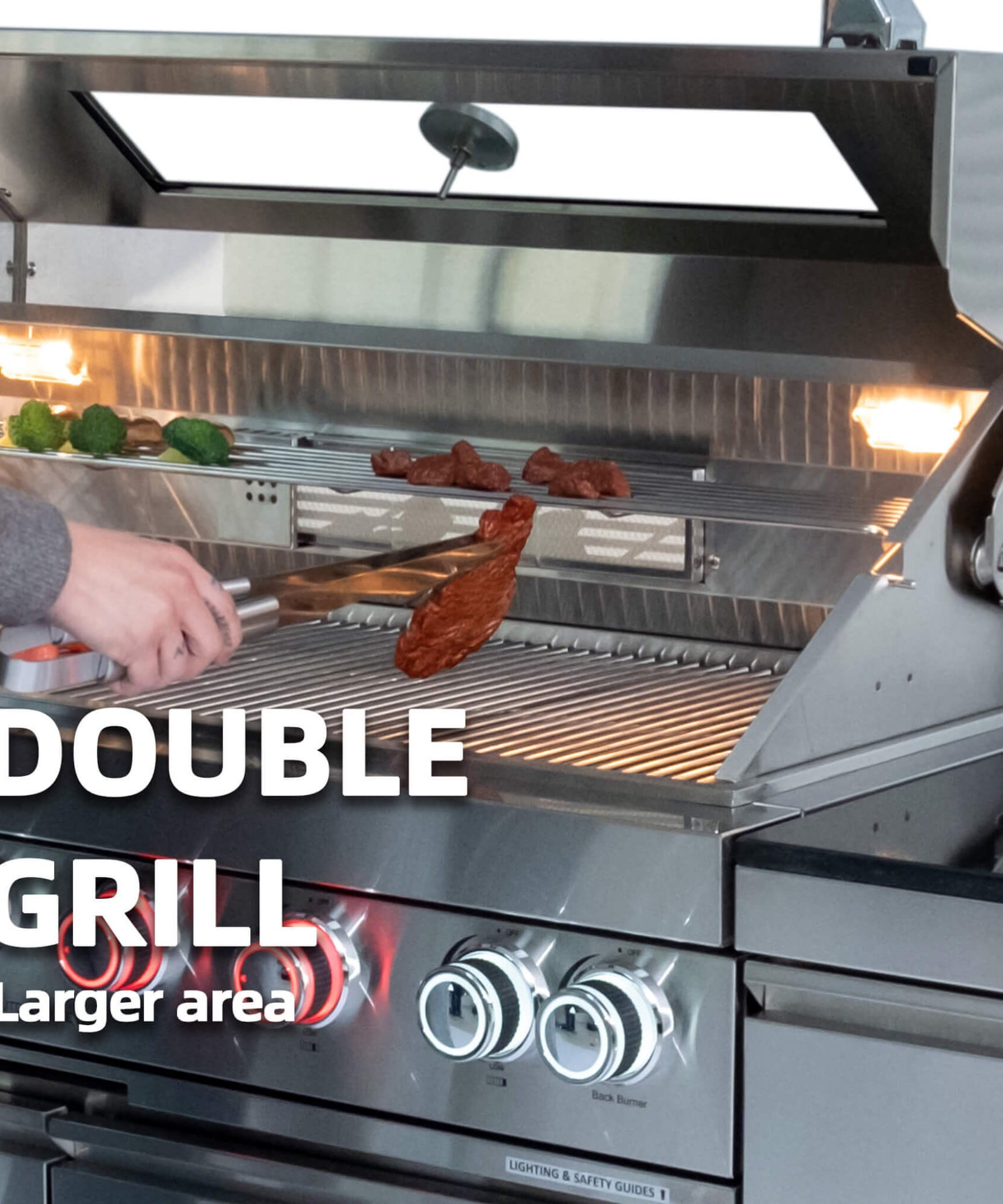 Castelle Flame Aurelia 46-Inch 4-Burner 72K BTU Stainless Steel Outdoor BBQ Kitchen Grill Island With 46-Inch 4-Burner 85K BTU Grill, Rotisserie Kit, And Cabinets (SAK93192)