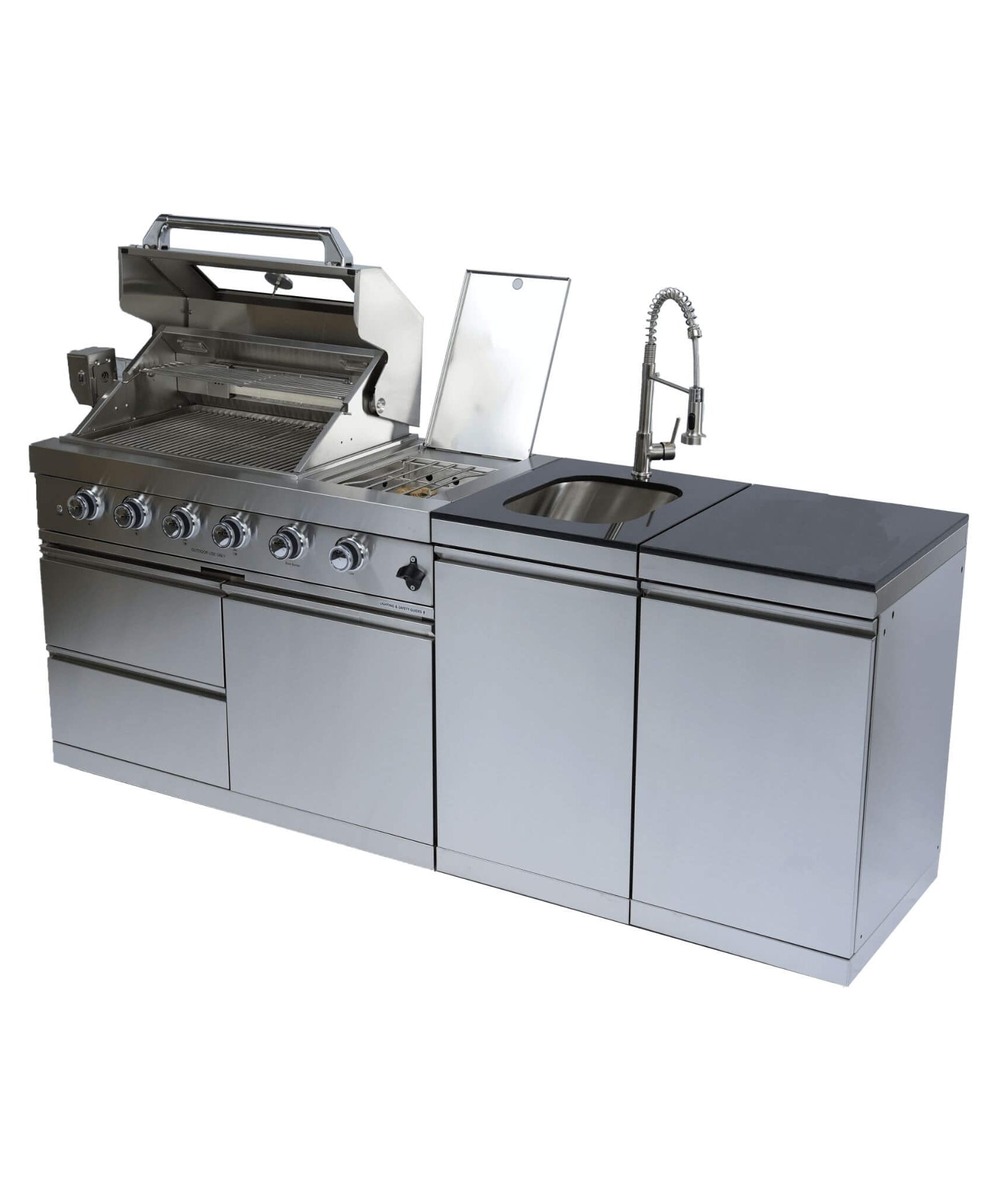 Castelle Flame Aurelia 46-Inch 4-Burner 72K BTU Stainless Steel Outdoor BBQ Kitchen Grill Island With 46-Inch 4-Burner 85K BTU Grill, Rotisserie Kit, And Cabinets (SAK93192)