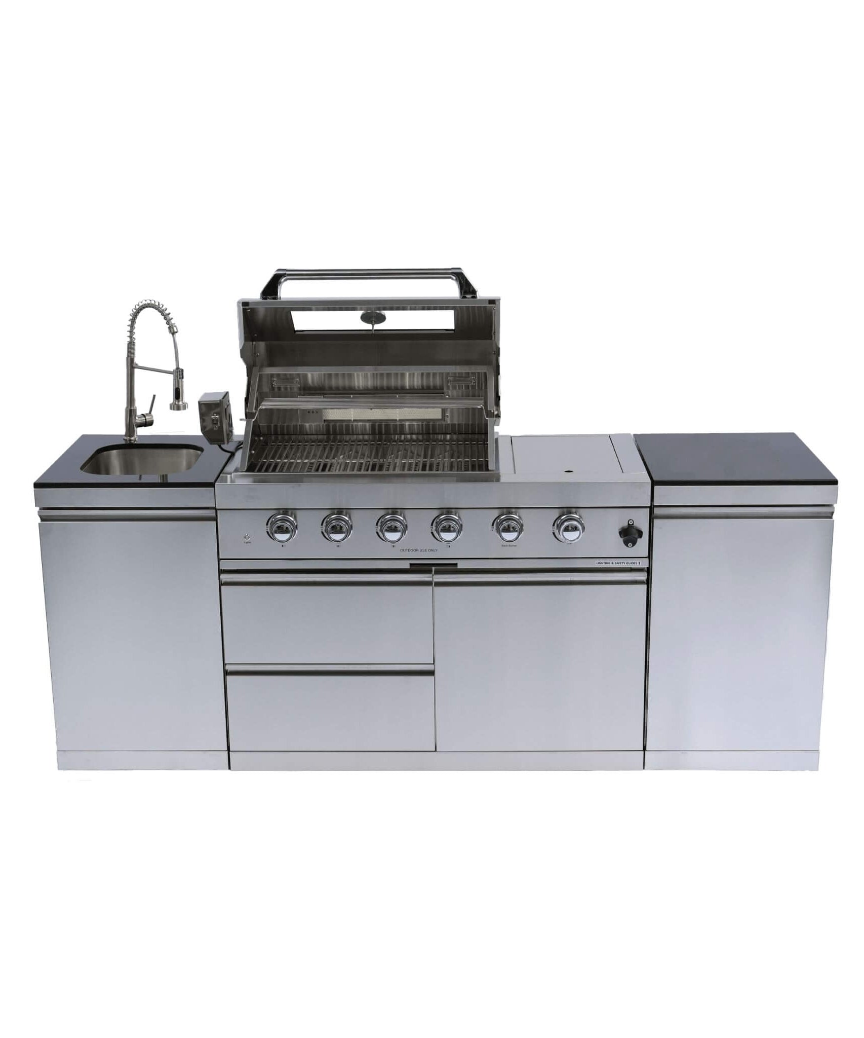 Castelle Flame Aurelia 46-Inch 4-Burner 72K BTU Stainless Steel Outdoor BBQ Kitchen Grill Island With 46-Inch 4-Burner 85K BTU Grill, Rotisserie Kit, And Cabinets (SAK93192)