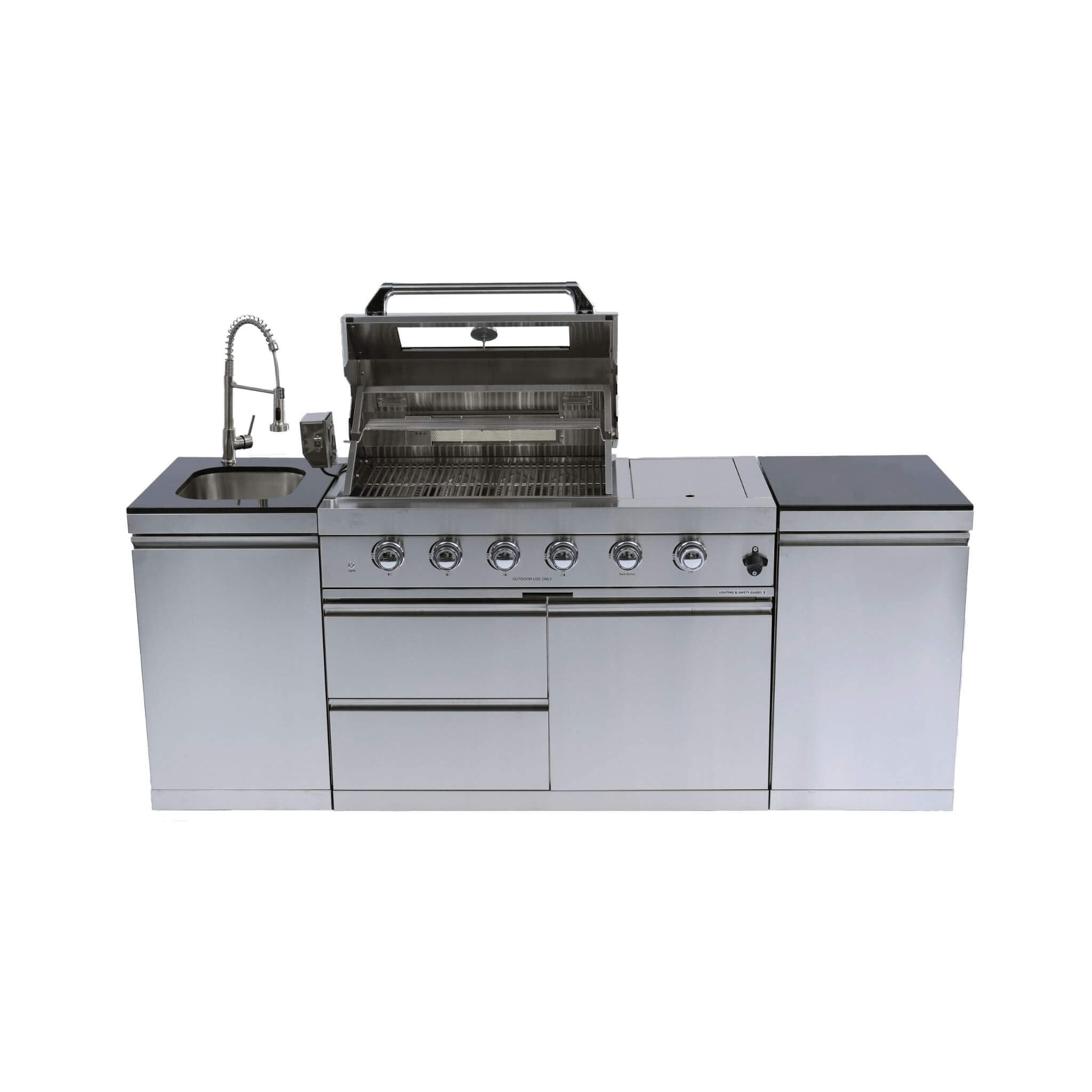 Castelle Flame Aurelia 46-Inch 4-Burner 72K BTU Stainless Steel Outdoor BBQ Kitchen Grill Island With 46-Inch 4-Burner 85K BTU Grill, Rotisserie Kit, And Cabinets (SAK93192)