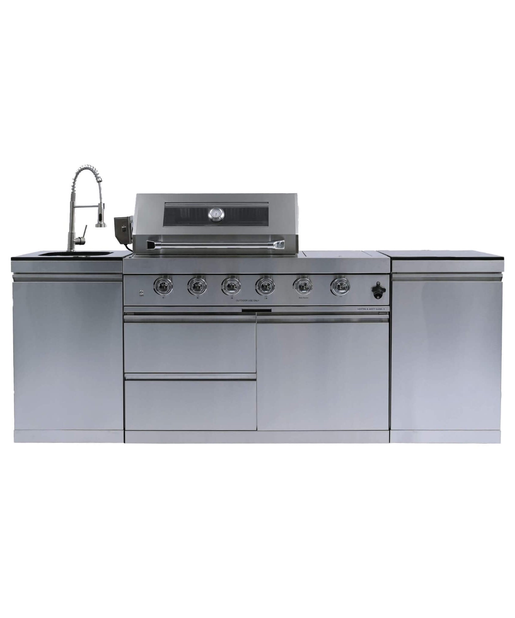 Castelle Flame Aurelia 46-Inch 4-Burner 72K BTU Stainless Steel Outdoor BBQ Kitchen Grill Island With 46-Inch 4-Burner 85K BTU Grill, Rotisserie Kit, And Cabinets (SAK93192)