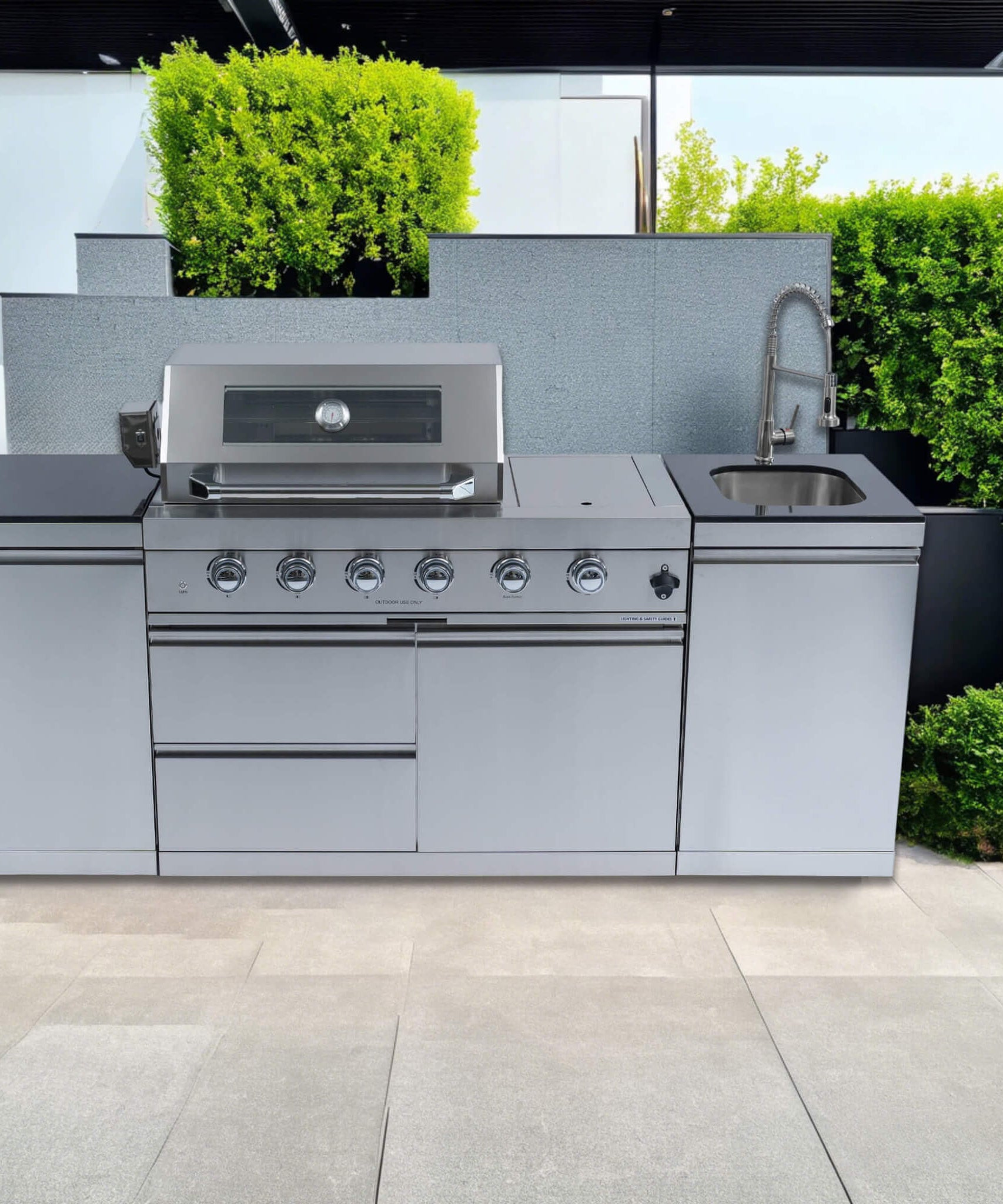 Castelle Flame Aurelia 46-Inch 4-Burner 72K BTU Stainless Steel Outdoor BBQ Kitchen Grill Island With 46-Inch 4-Burner 85K BTU Grill, Rotisserie Kit, And Cabinets (SAK93192)