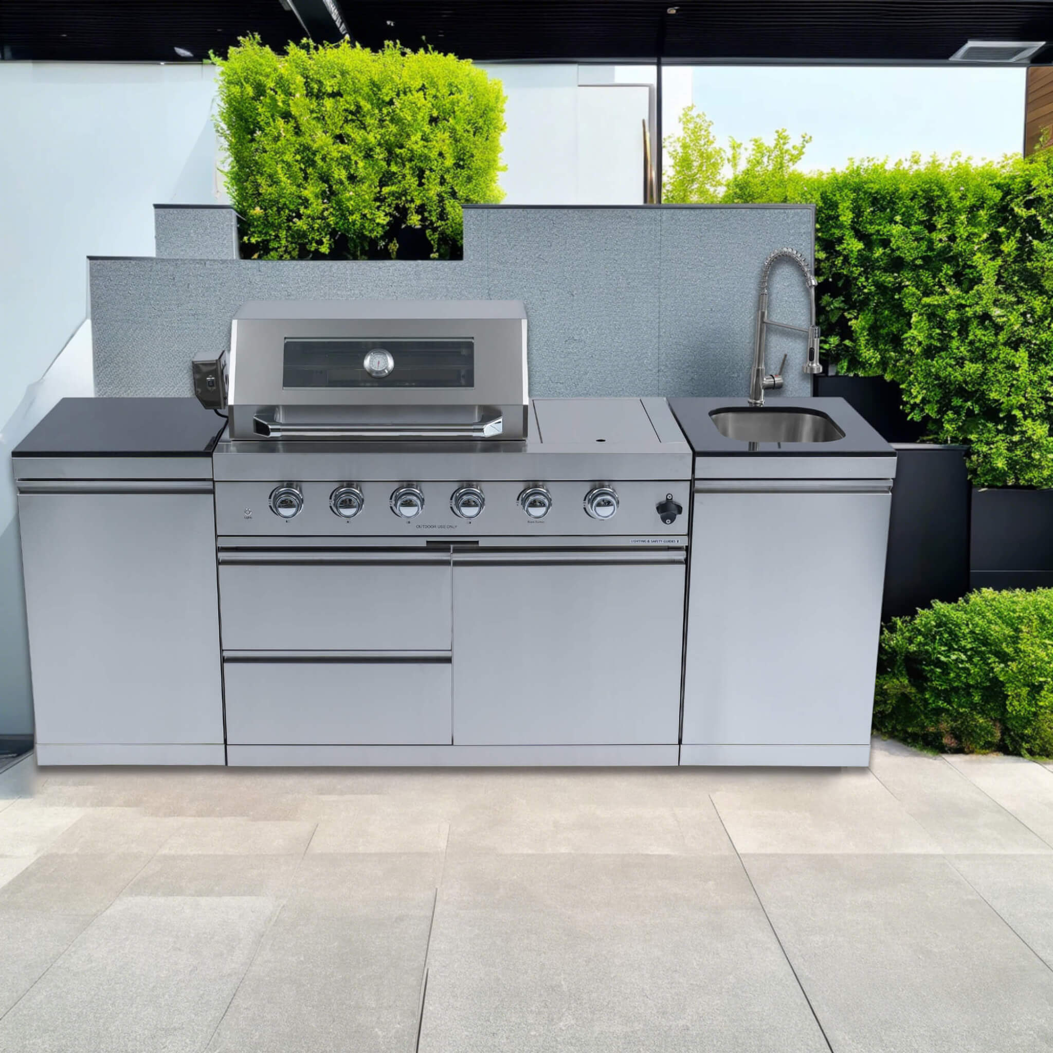 Castelle Flame Aurelia 46-Inch 4-Burner 72K BTU Stainless Steel Outdoor BBQ Kitchen Grill Island With 46-Inch 4-Burner 85K BTU Grill, Rotisserie Kit, And Cabinets (SAK93192)