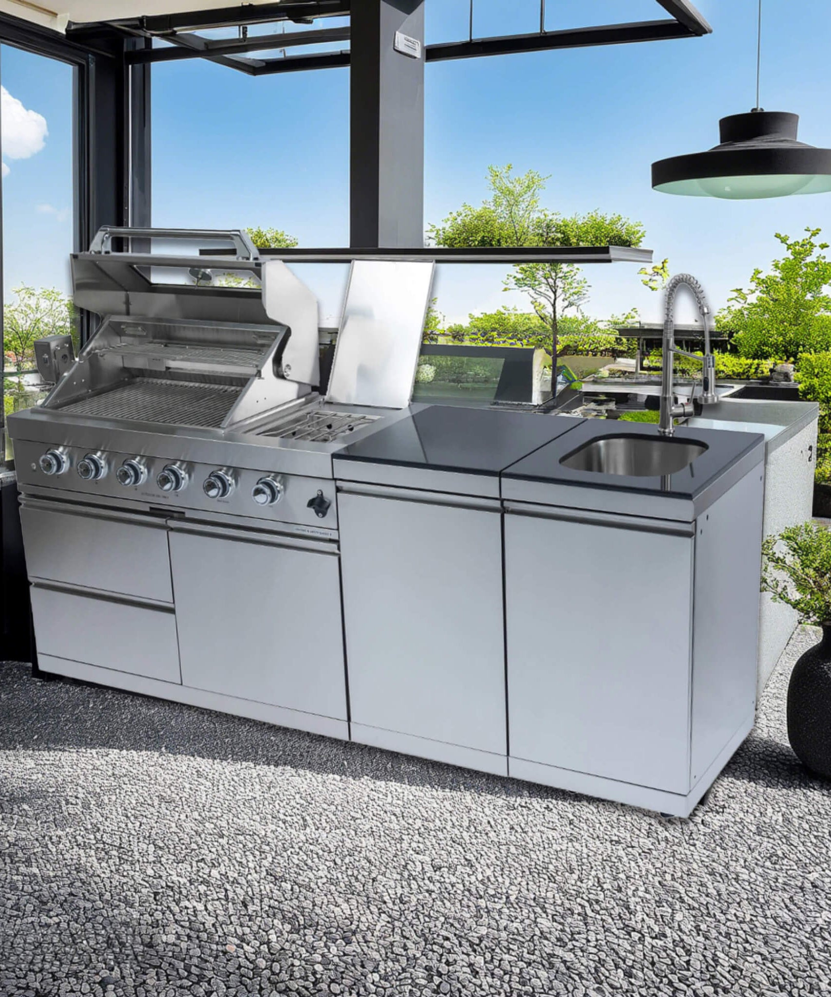 Castelle Flame Aurelia 46-Inch 4-Burner 72K BTU Stainless Steel Outdoor BBQ Kitchen Grill Island With 46-Inch 4-Burner 85K BTU Grill, Rotisserie Kit, And Cabinets (SAK93192)