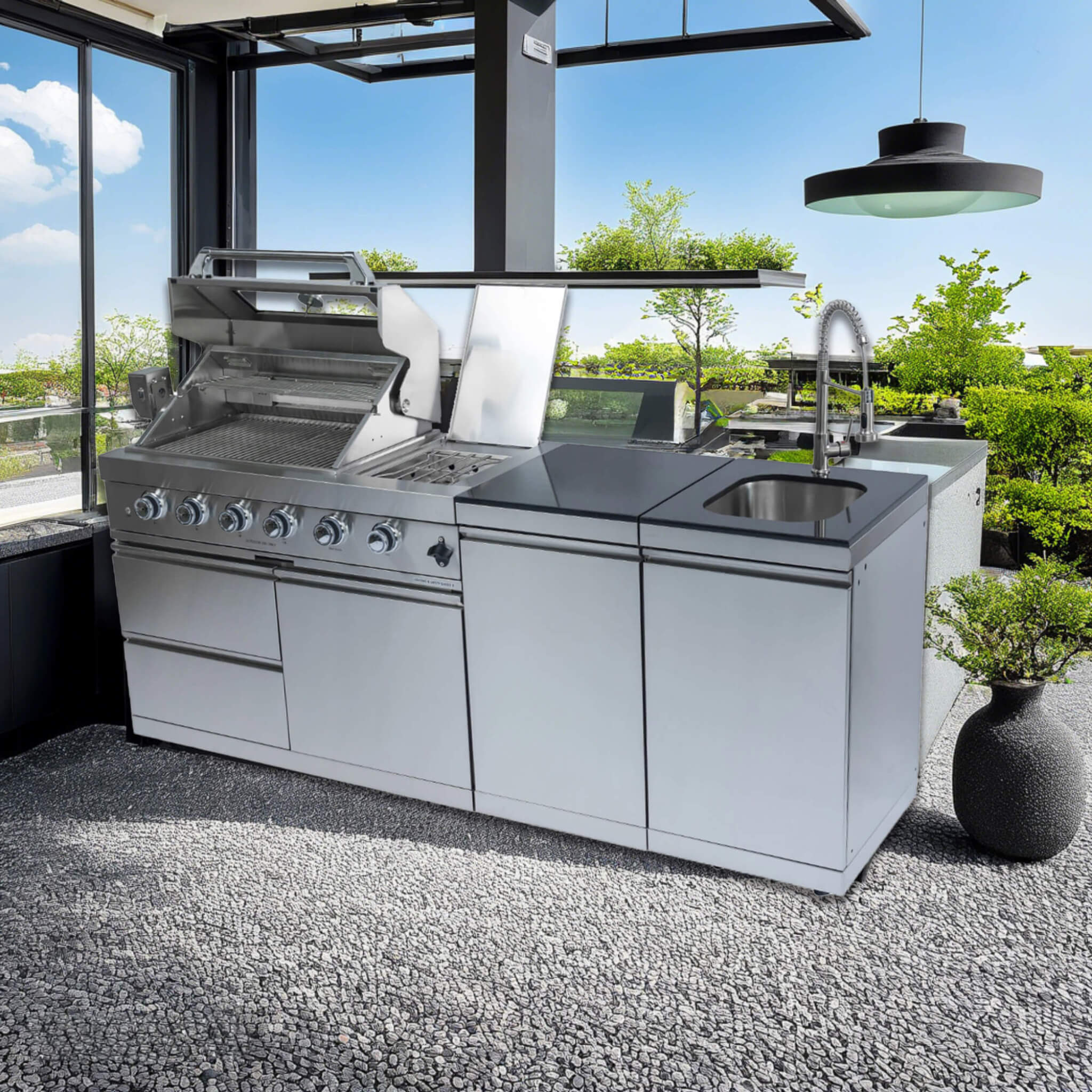 Castelle Flame Aurelia 46-Inch 4-Burner 72K BTU Stainless Steel Outdoor BBQ Kitchen Grill Island With 46-Inch 4-Burner 85K BTU Grill, Rotisserie Kit, And Cabinets (SAK93192)