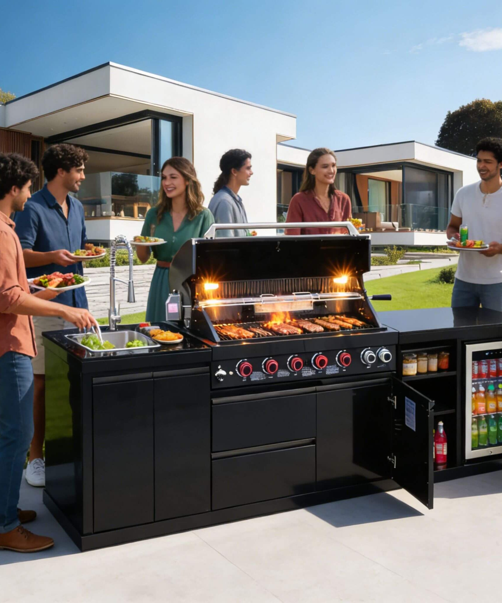Castelle Flame Summit 6-Burner 85000 BTU Liquid Propane Grill Island With Sink And Fridge (SAK59238)