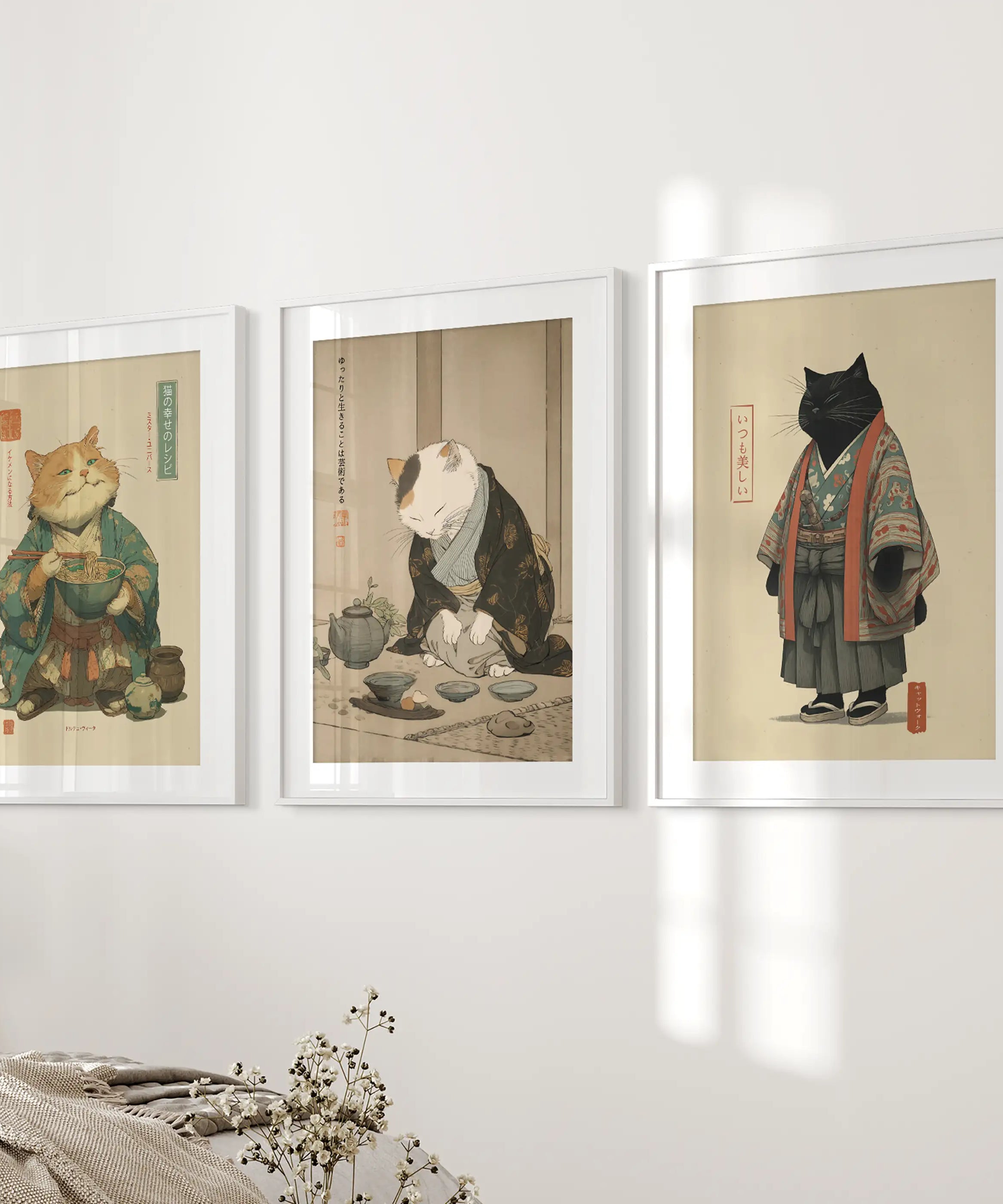 Japanese Ukiyo-e Style Cat Wall Art Set of 3. Tea Ceremony