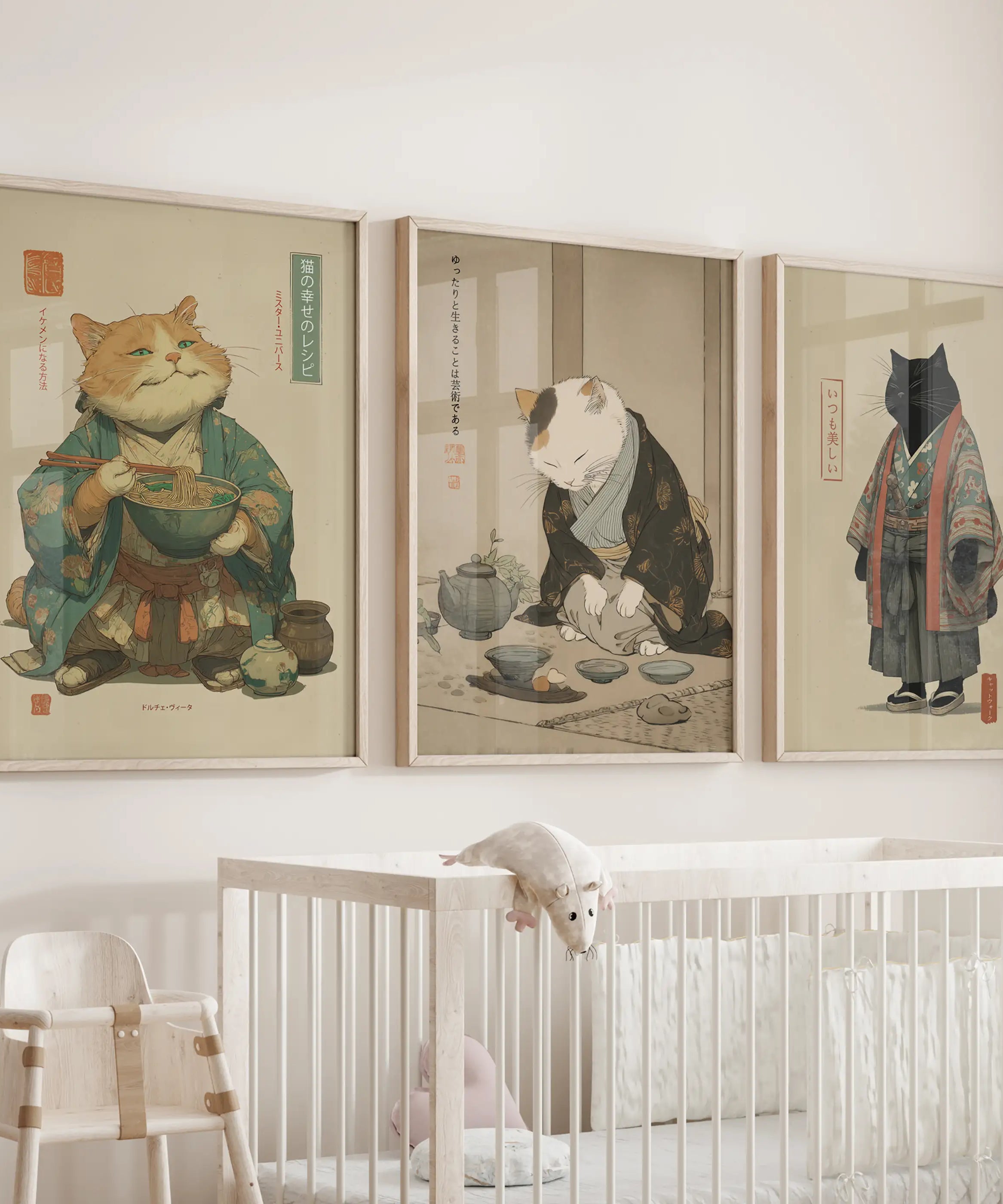 Japanese Ukiyo-e Style Cat Wall Art Set of 3. Tea Ceremony