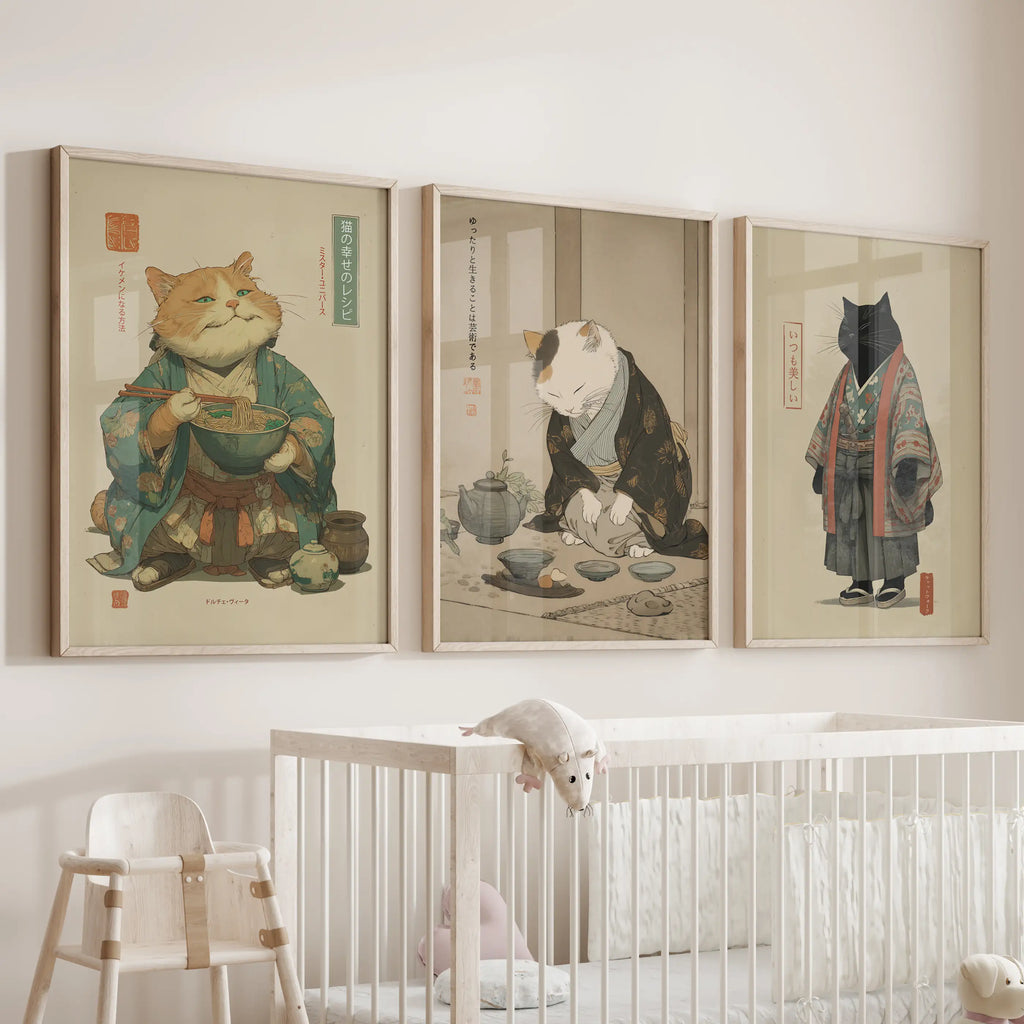 Japanese Ukiyo-e Style Cat Wall Art Set of 3. Tea Ceremony