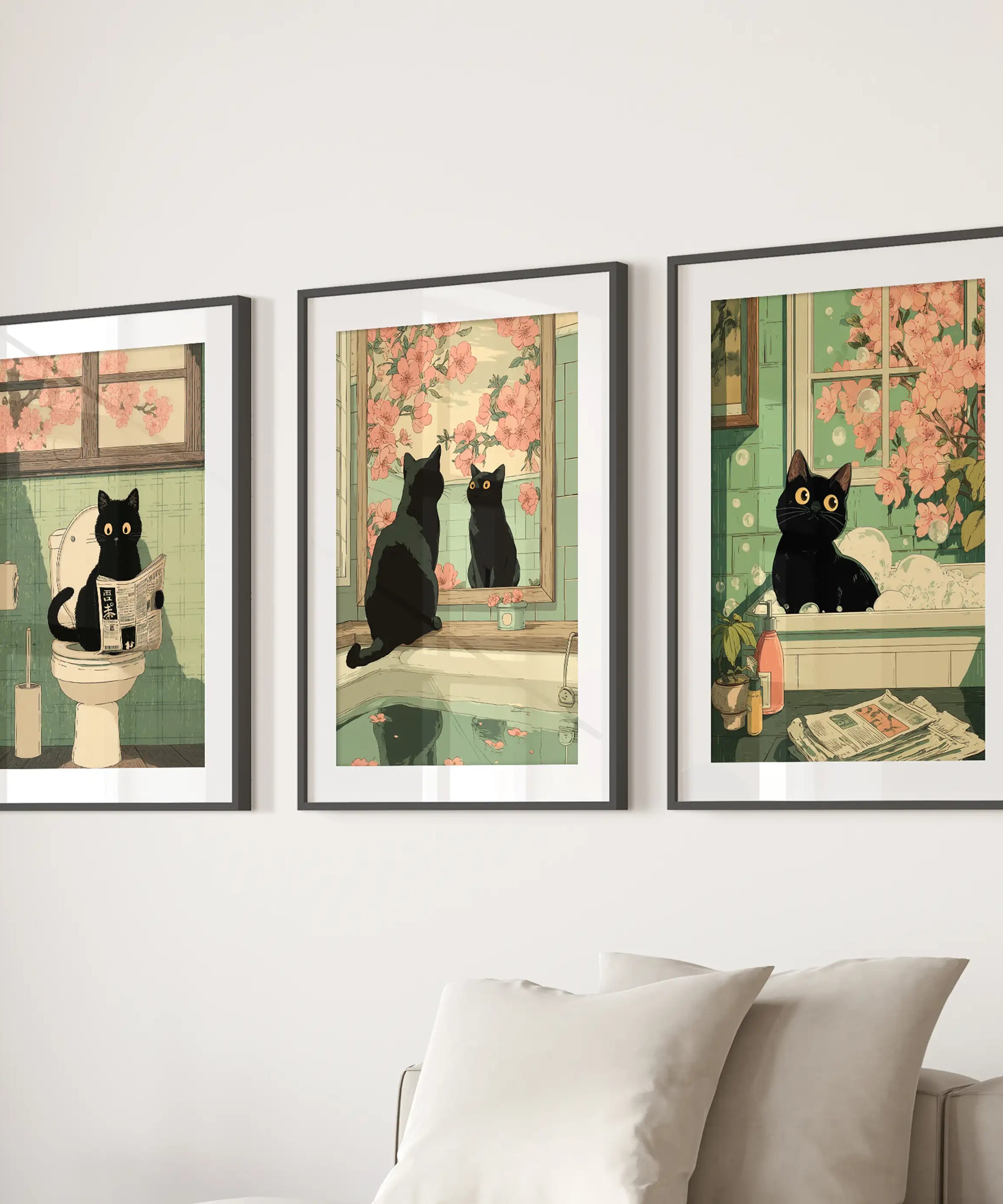 Funny Bathroom Poster. Japan Cat Pooping Wall Art Set of 3