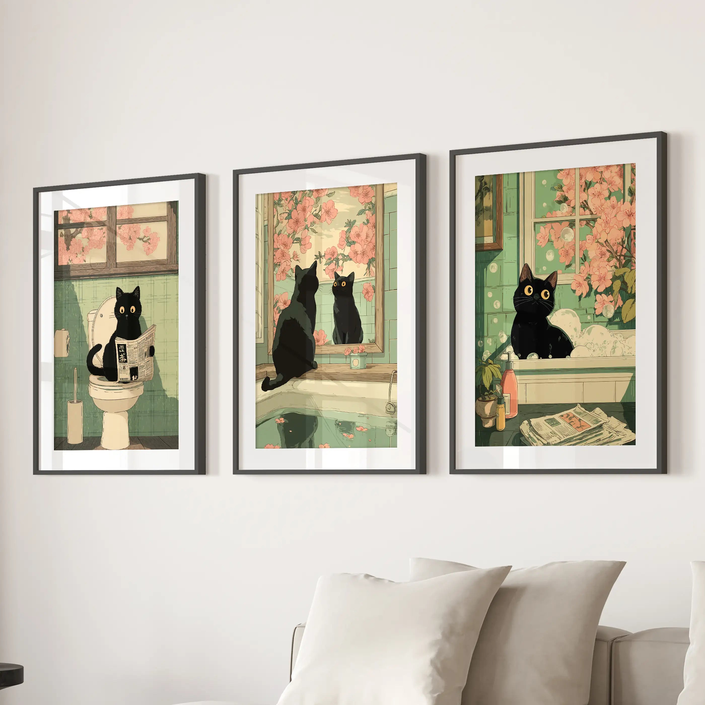 Funny Bathroom Poster. Japan Cat Pooping Wall Art Set of 3