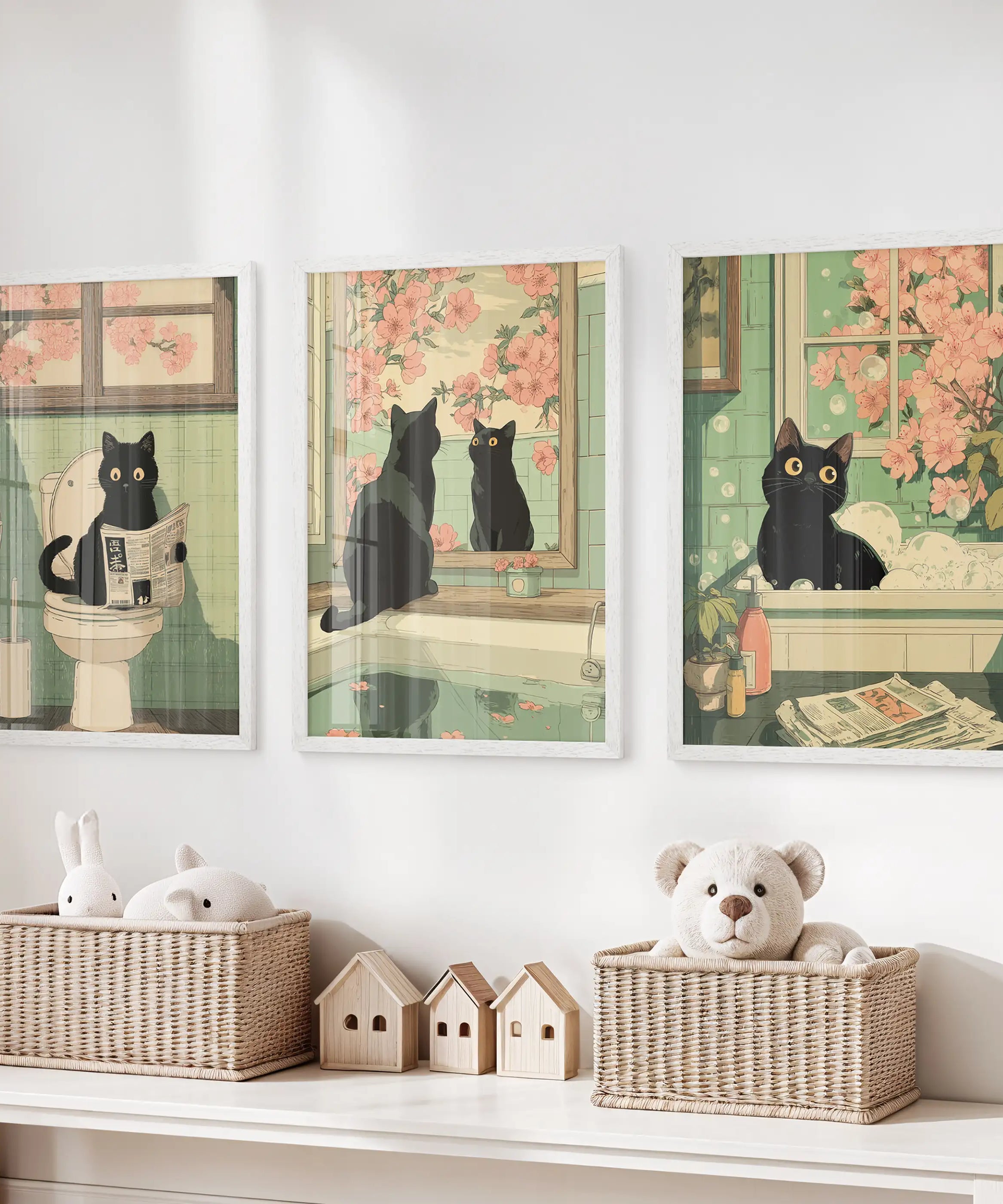 Funny Bathroom Poster. Japan Cat Pooping Wall Art Set of 3