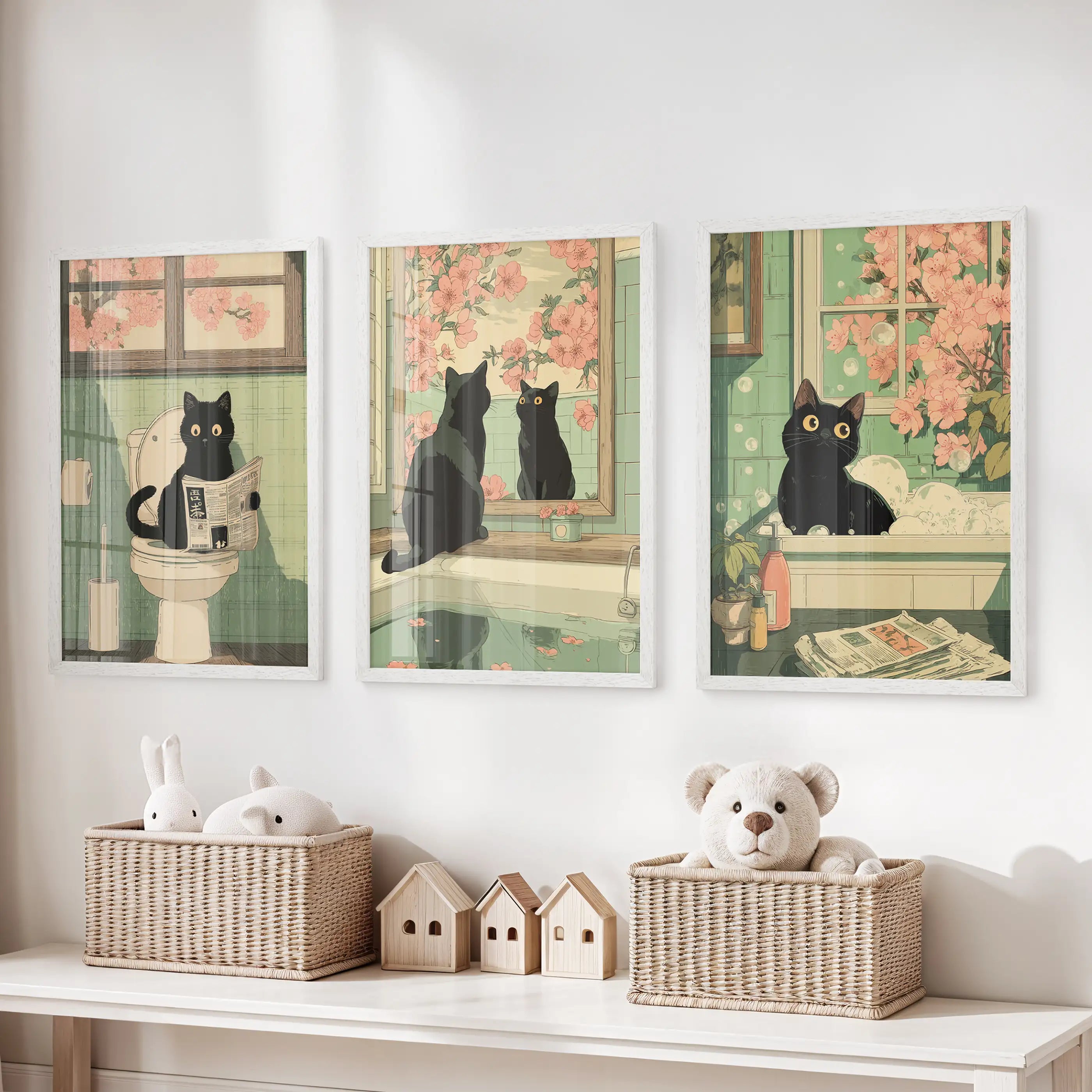 Funny Bathroom Poster. Japan Cat Pooping Wall Art Set of 3