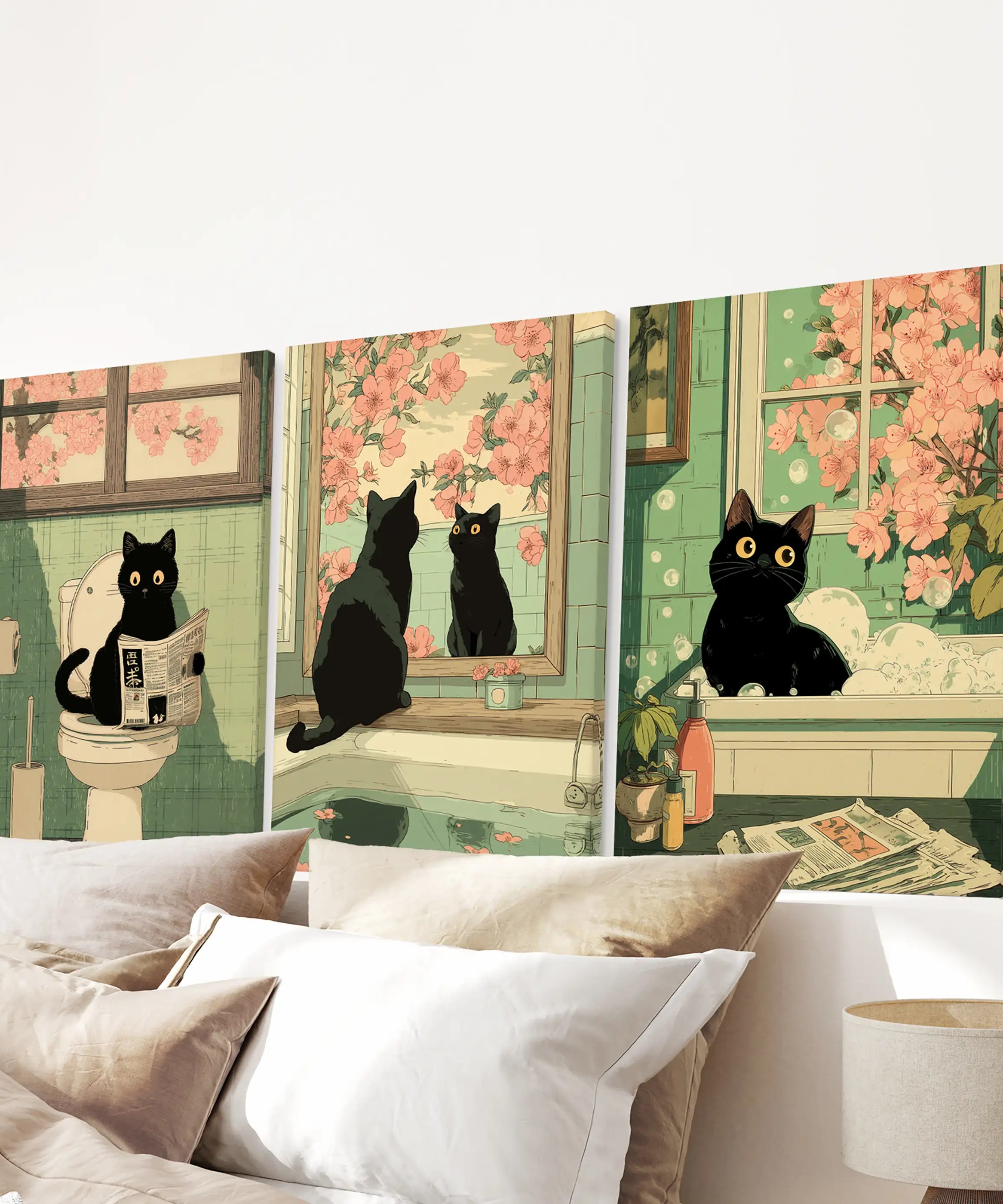 Funny Bathroom Poster. Japan Cat Pooping Wall Art Set of 3