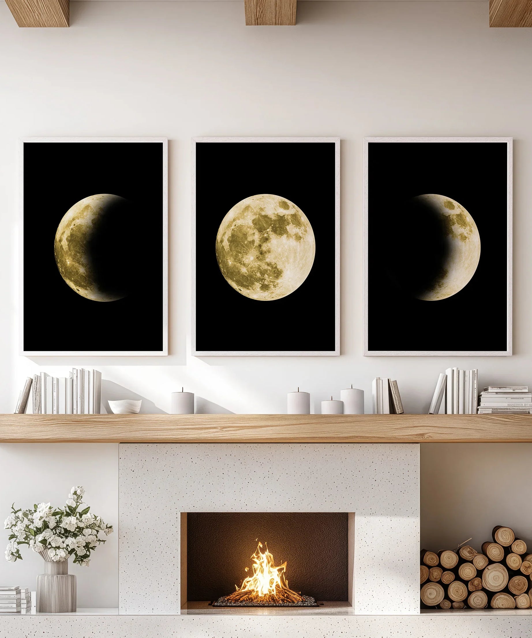 Celestial Moon 3 Piece Wall Decor. Gold Full Moon, Phases