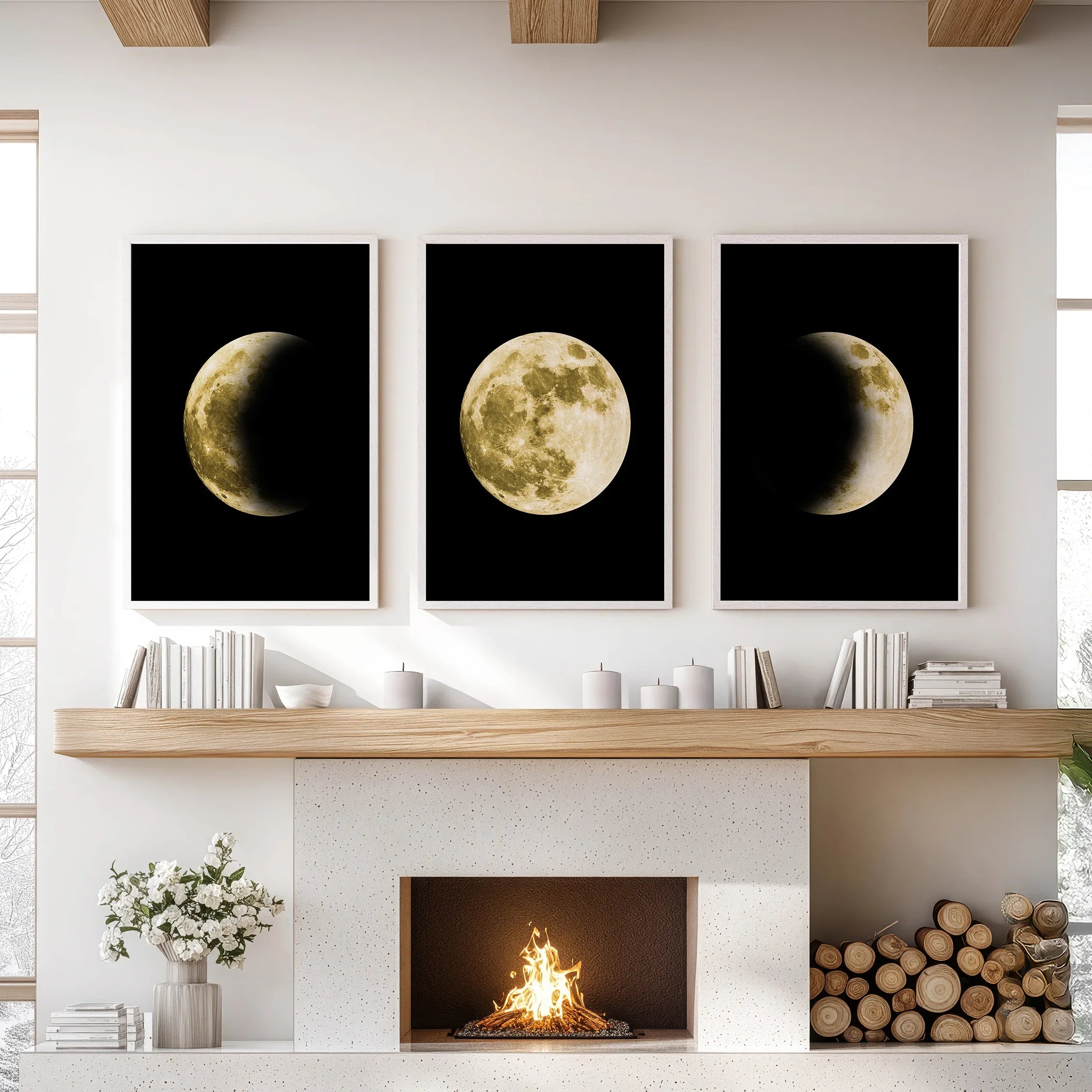 Celestial Moon 3 Piece Wall Decor. Gold Full Moon, Phases