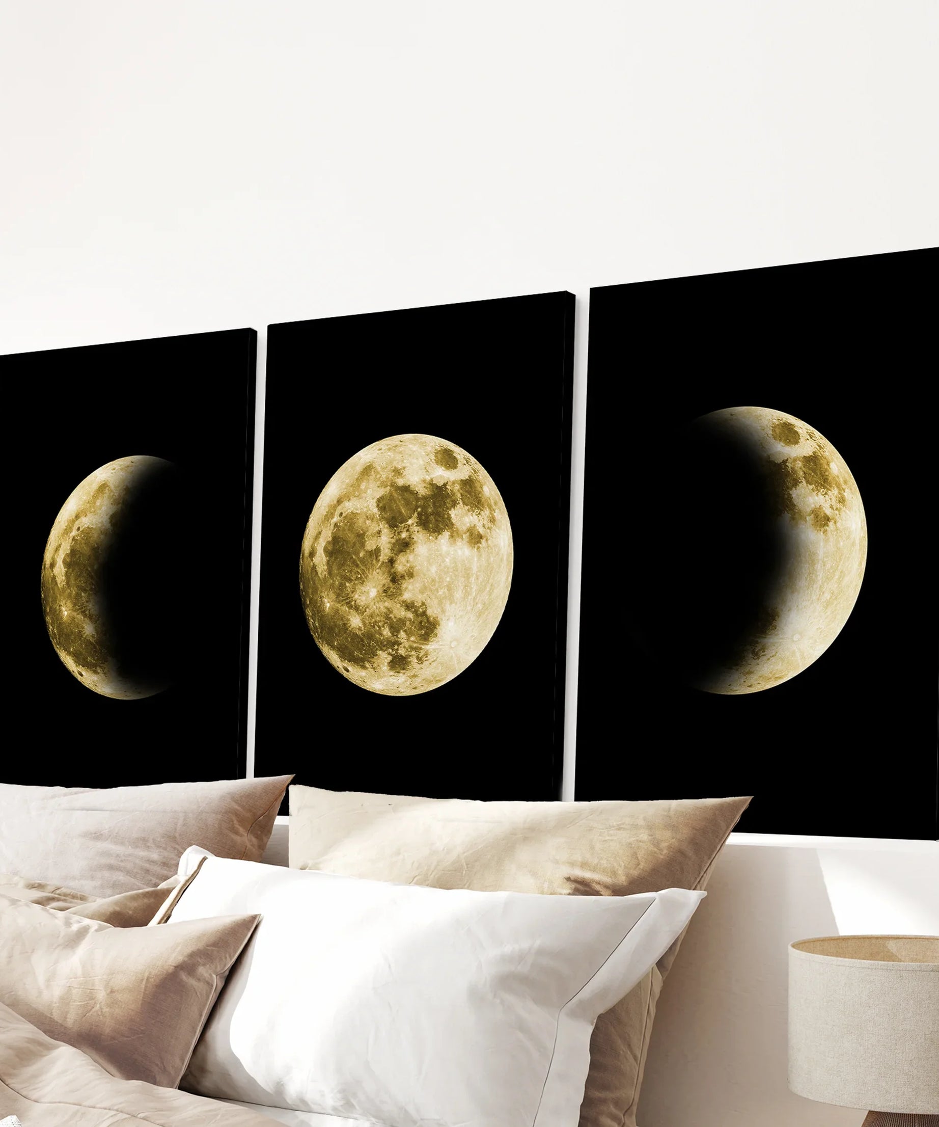 Celestial Moon 3 Piece Wall Decor. Gold Full Moon, Phases