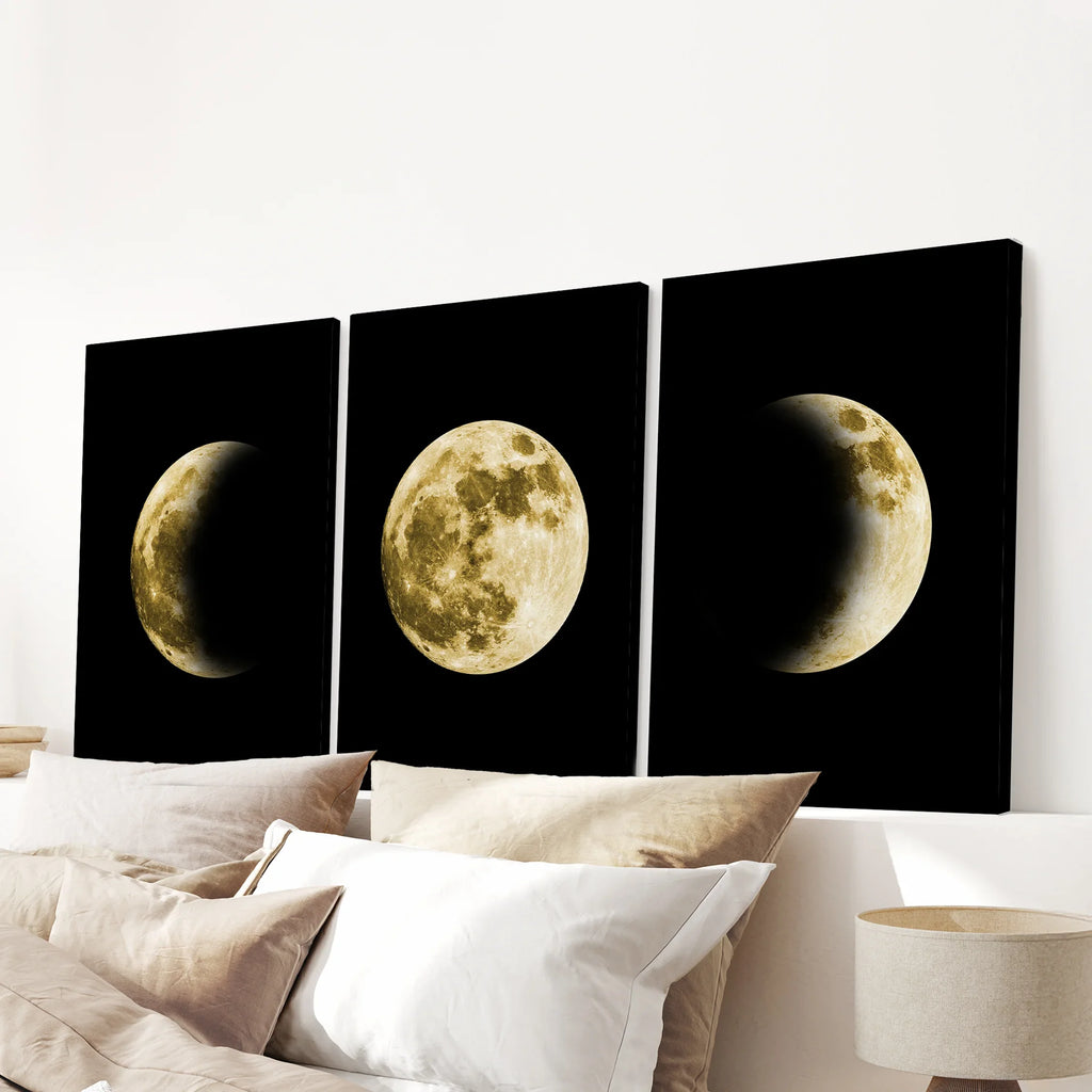 Celestial Moon 3 Piece Wall Decor. Gold Full Moon, Phases