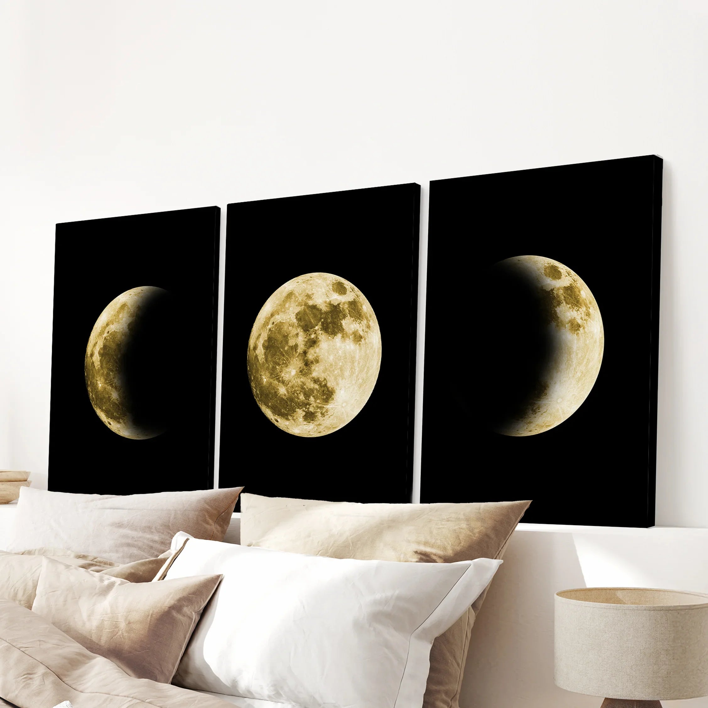 Celestial Moon 3 Piece Wall Decor. Gold Full Moon, Phases