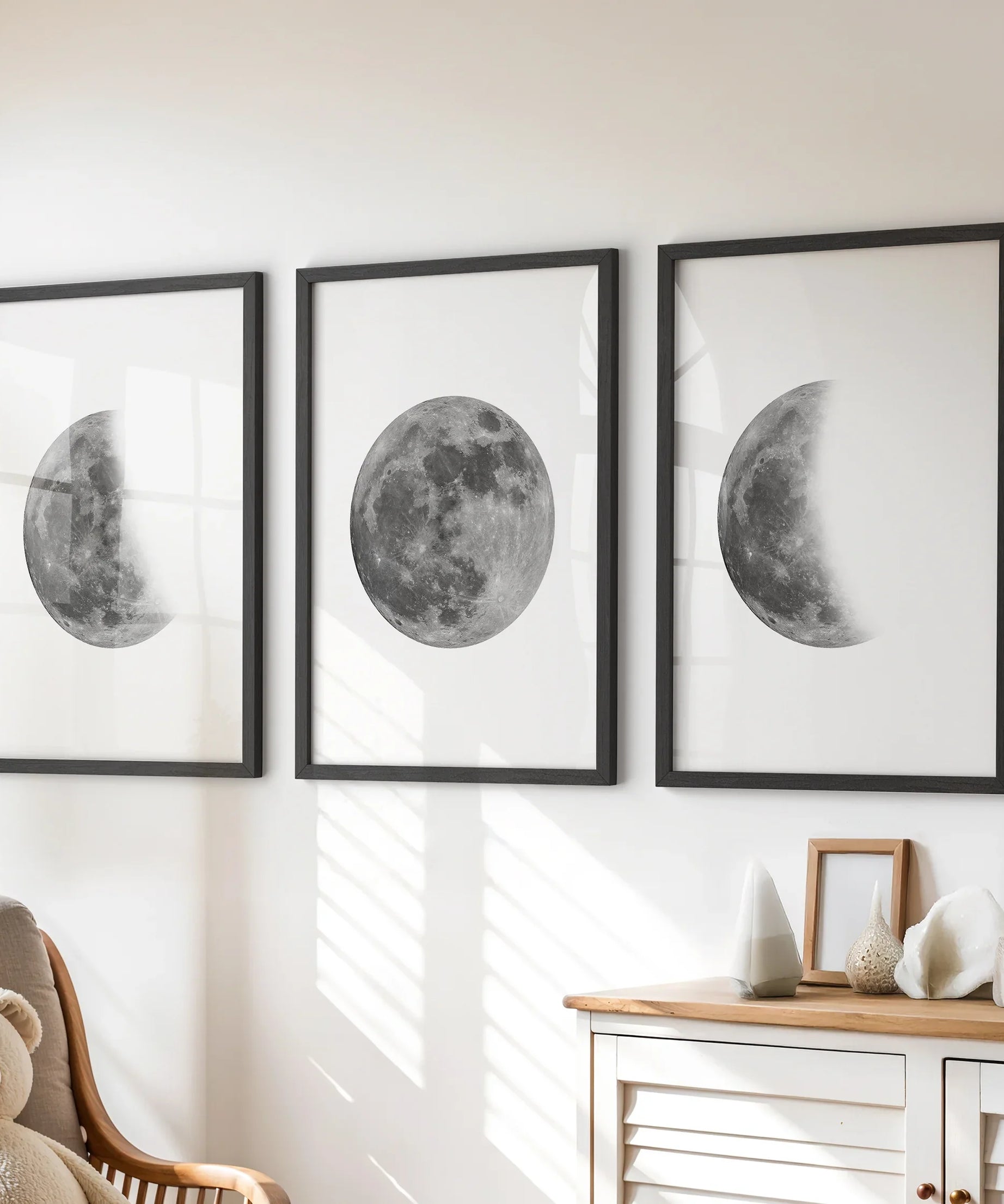 Moon Phases Set of 3 Prints. Black and White Lunar Cycle