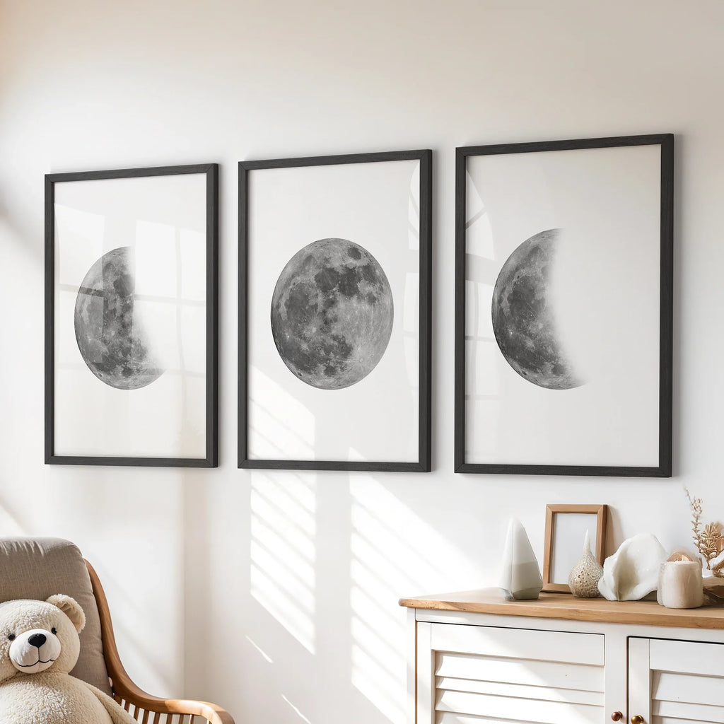Moon Phases Set of 3 Prints. Black and White Lunar Cycle