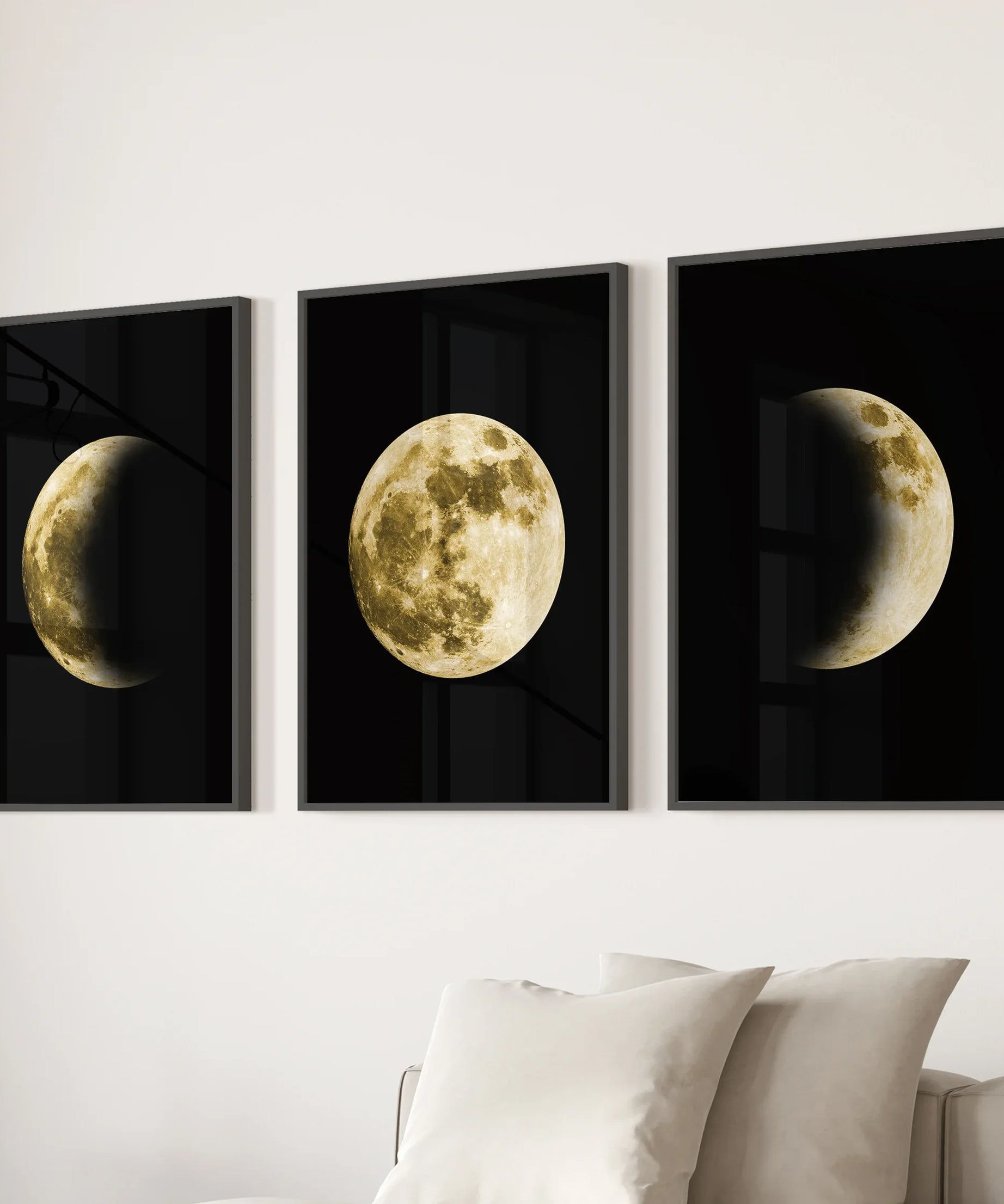 Celestial Moon 3 Piece Wall Decor. Gold Full Moon, Phases
