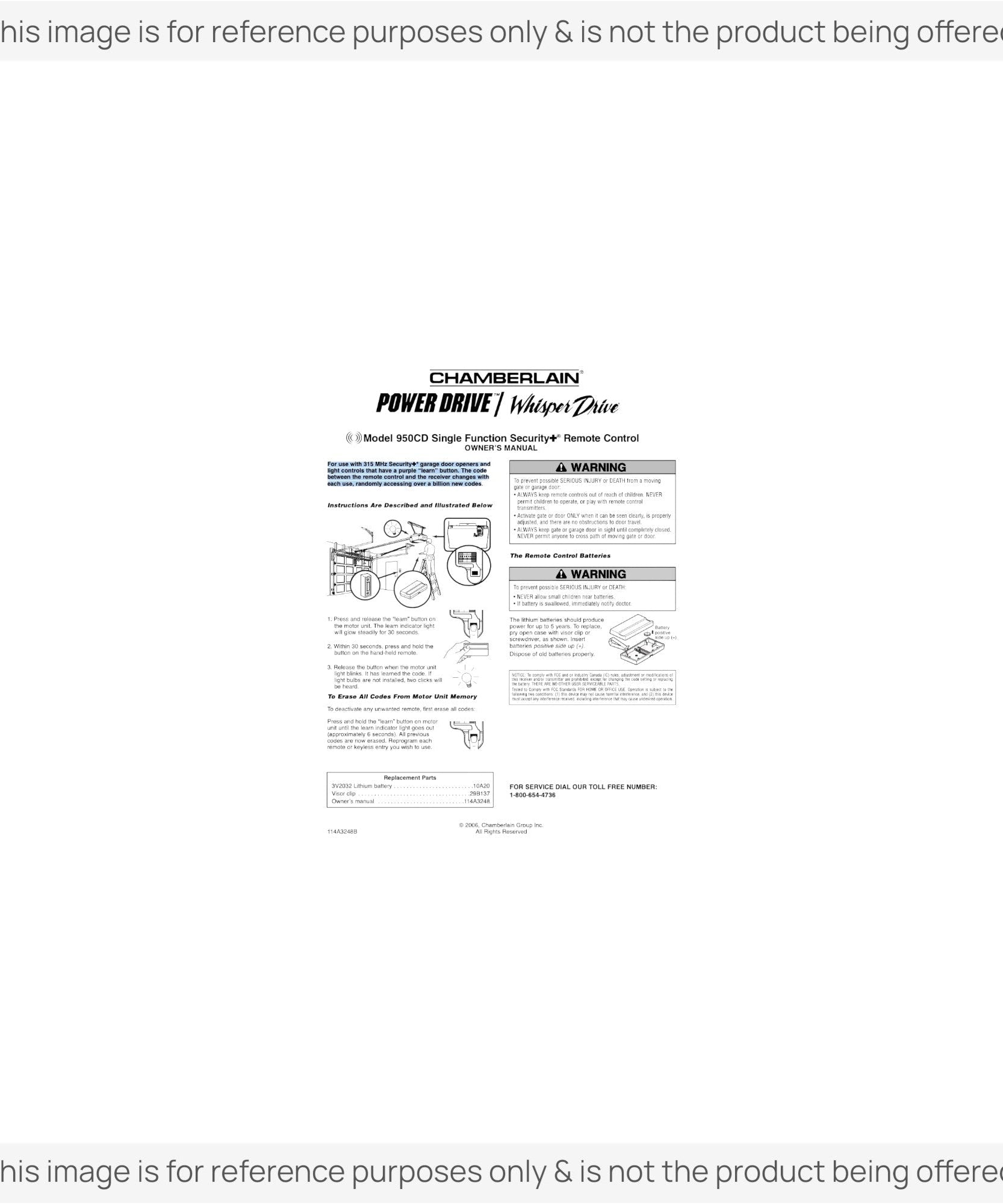 Substitute for Chamberlain 950CD 1-Button Visor 315 MHz Garage Door Opener Remote Control [375UT-2button]