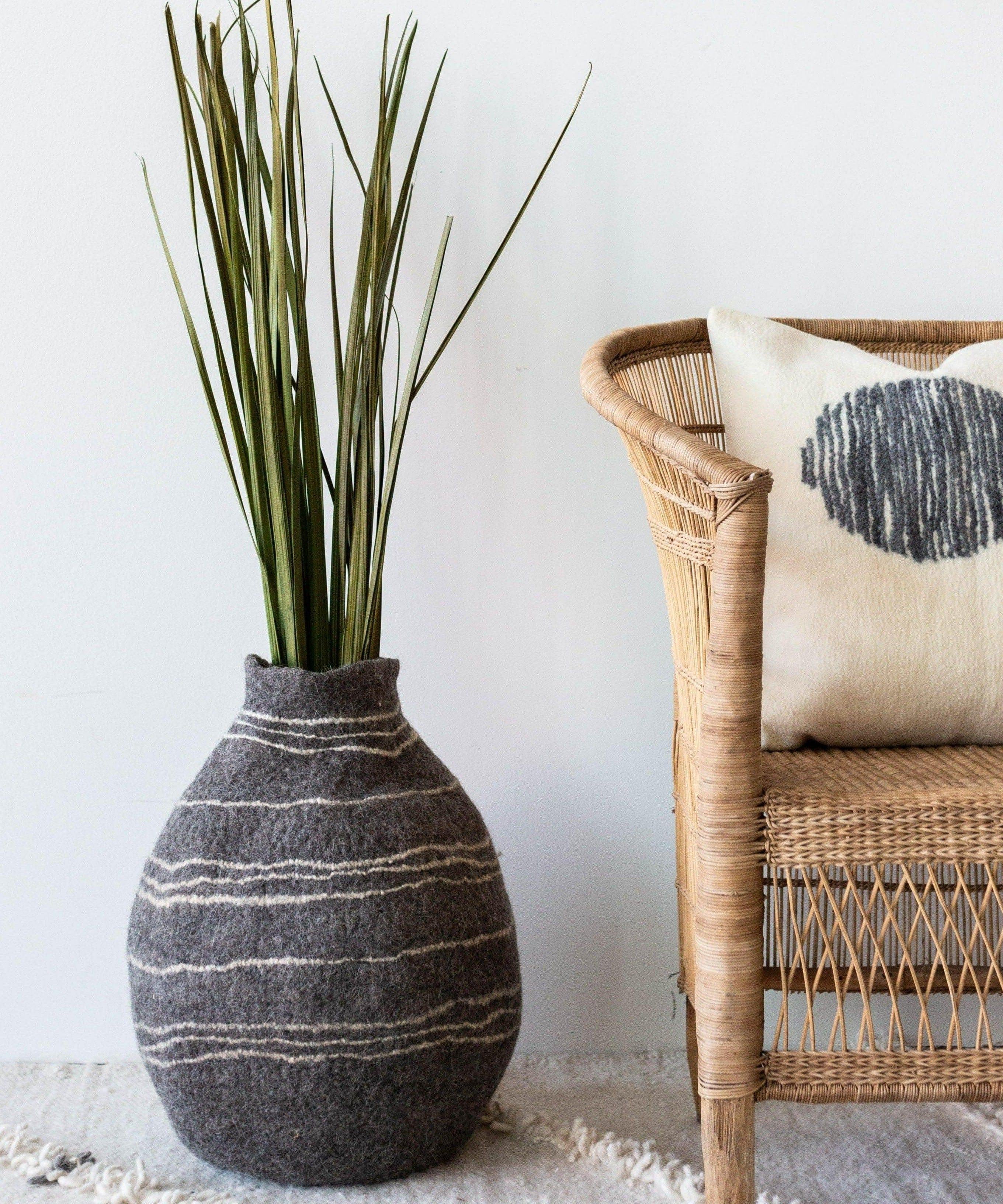 Tribal Lines Grey Hand-Felted Wool Gourd Basket