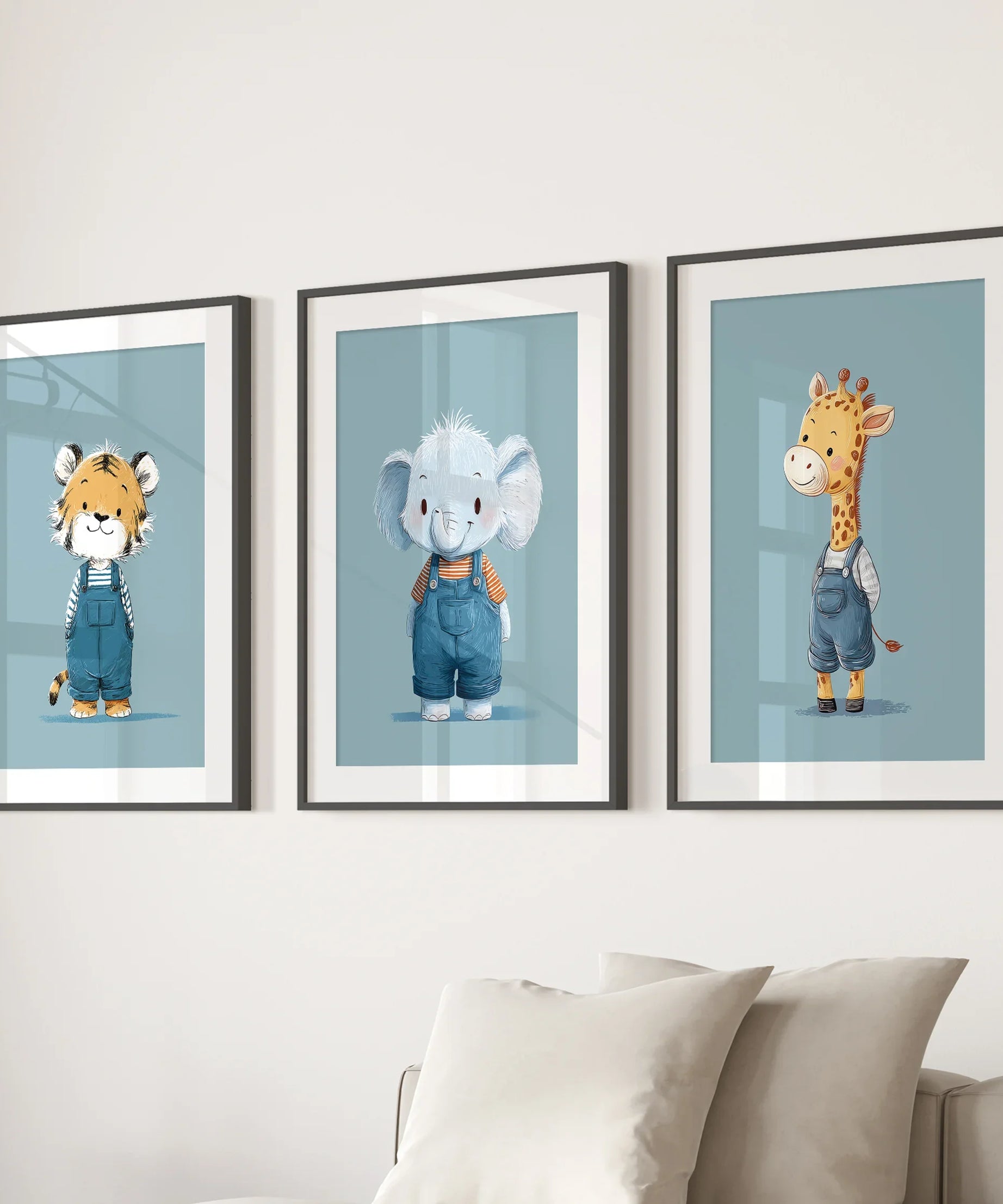 Safari Nursery Wall Art Set of 3. Baby Elephant, Giraffe, Tiger