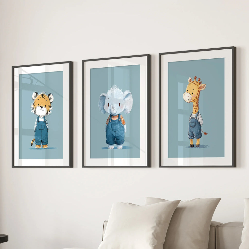 Safari Nursery Wall Art Set of 3. Baby Elephant, Giraffe, Tiger