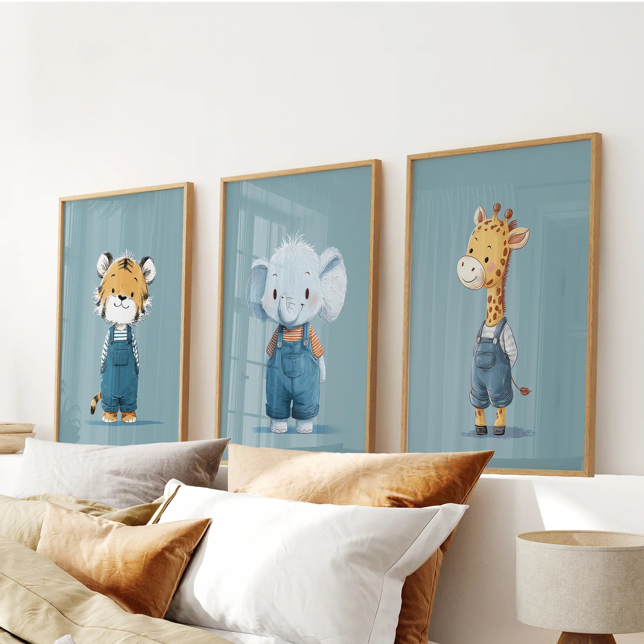 Safari Nursery Wall Art Set of 3. Baby Elephant, Giraffe, Tiger