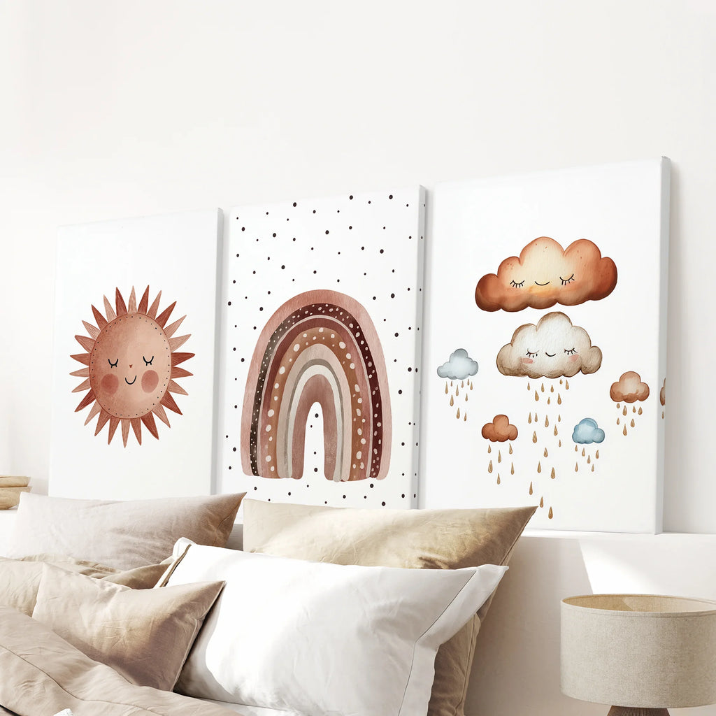 Minimalist Baby Room Wall Art Set of 3. Earthy Rainbow Theme