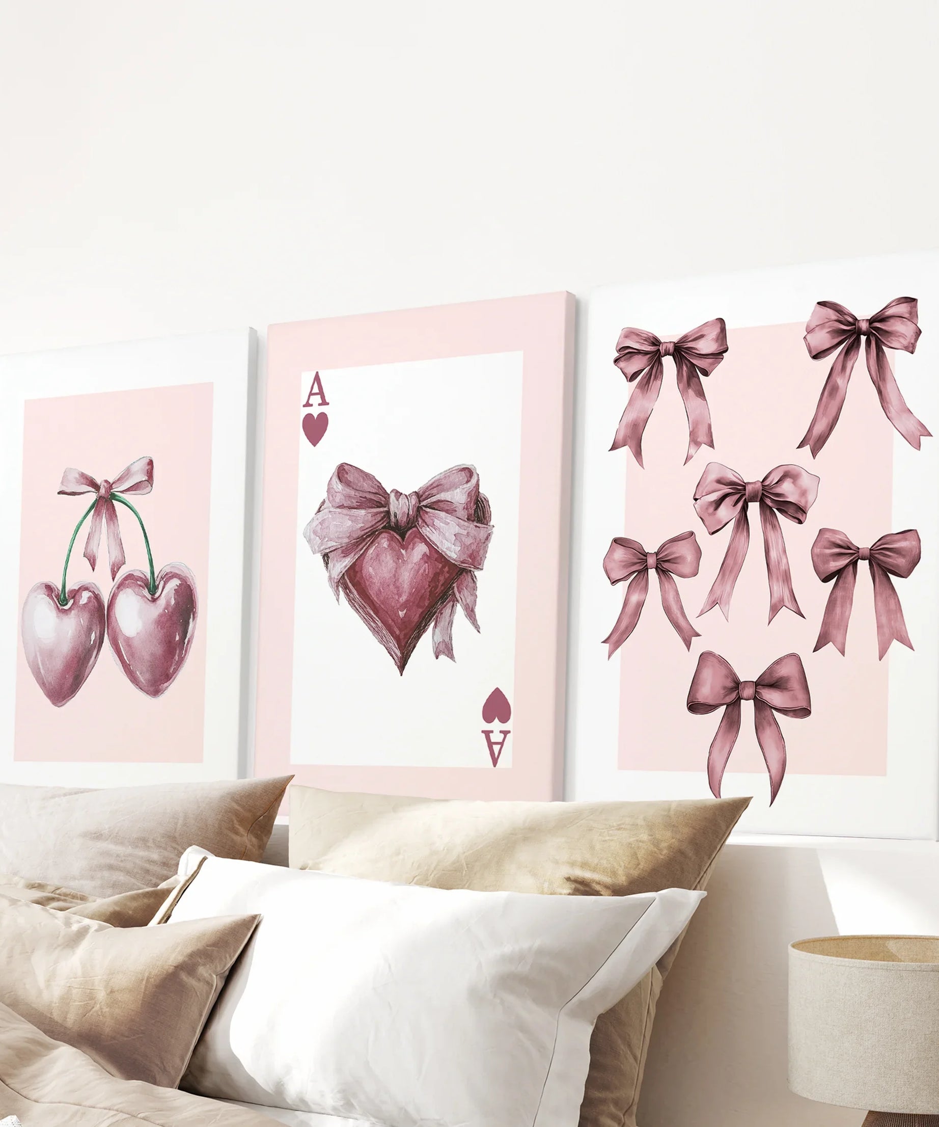 Coquette Cherry Wall Art Set of 3. Pink Romantic Decor