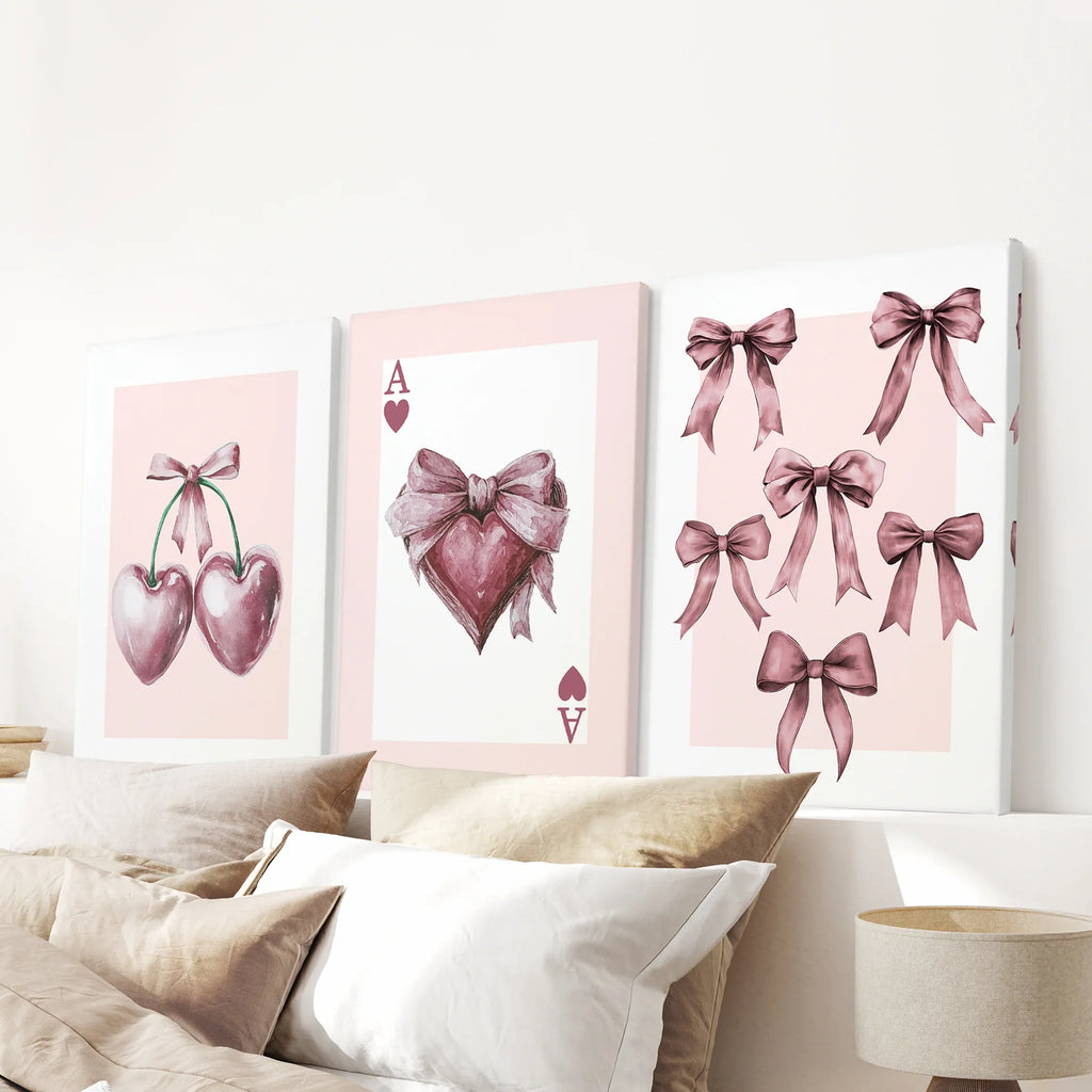 Coquette Cherry Wall Art Set of 3. Pink Romantic Decor