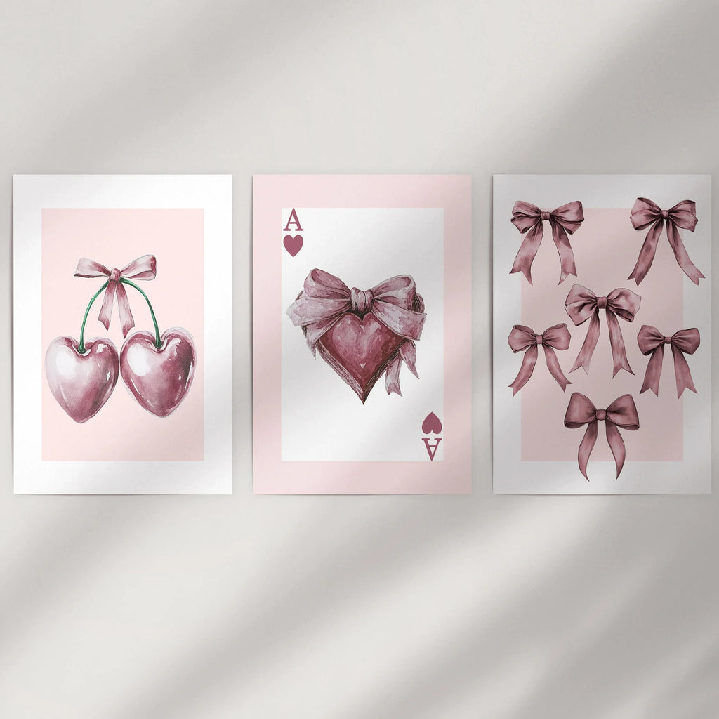 Coquette Cherry Wall Art Set of 3. Pink Romantic Decor