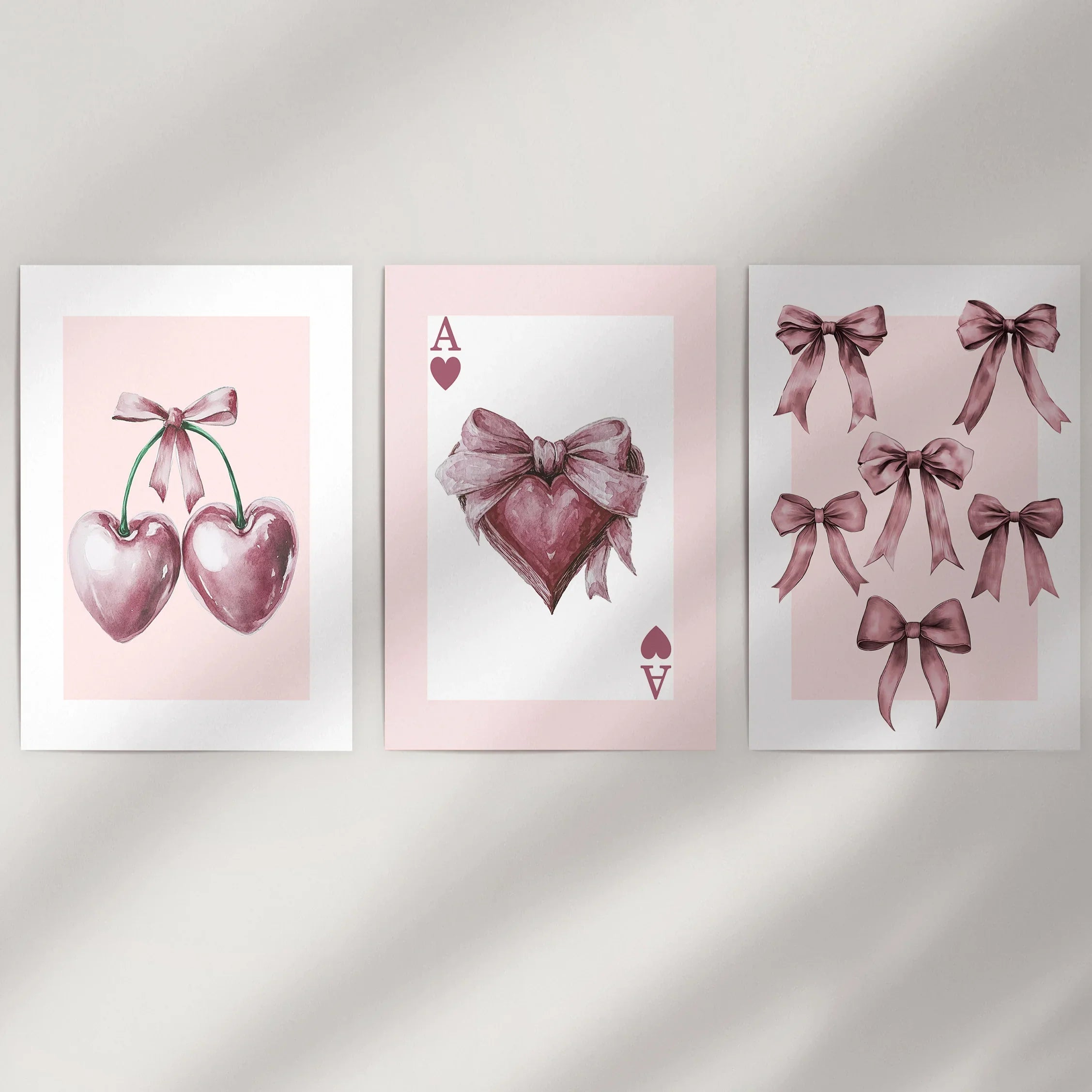 Coquette Cherry Wall Art Set of 3. Pink Romantic Decor